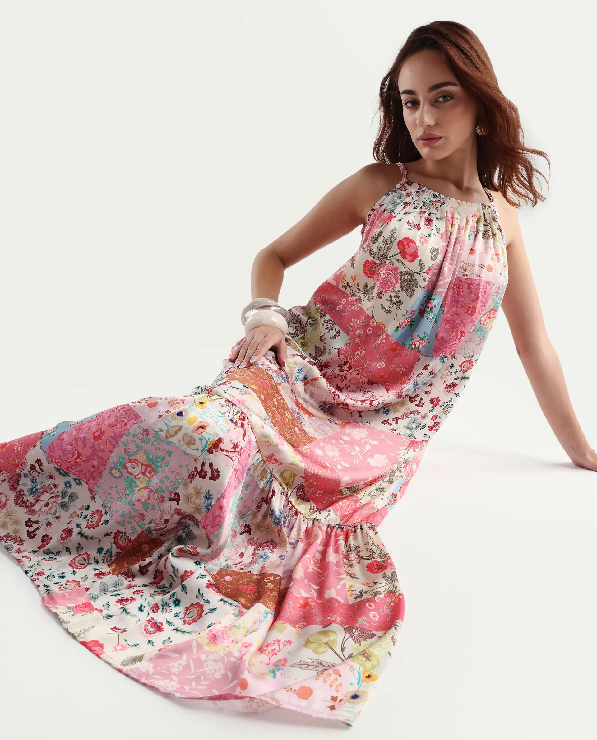 Rareism Women's Katie Multi Polyester Shoulder Strap Floral Print Shoulder Strap Maxi Regular Fit Dress