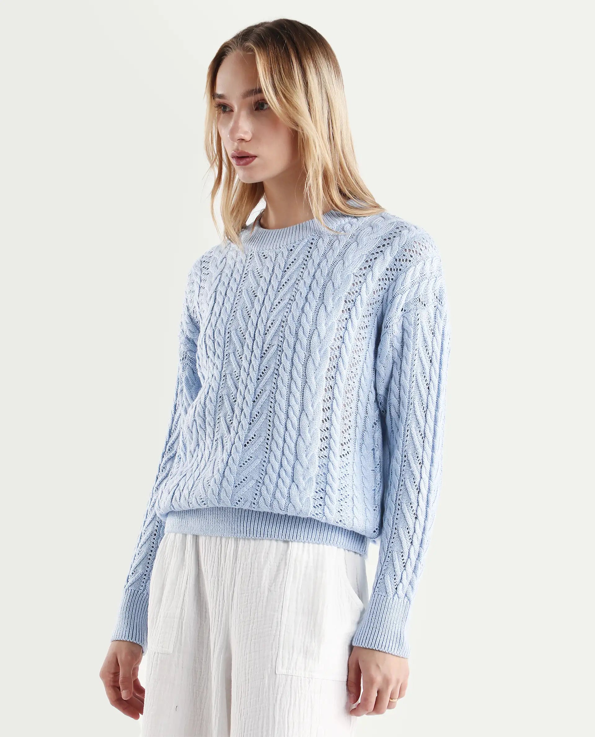 Rareism Women's Kaya Light Blue Acrylic Crew Neck Plain Regular Fit Sweater