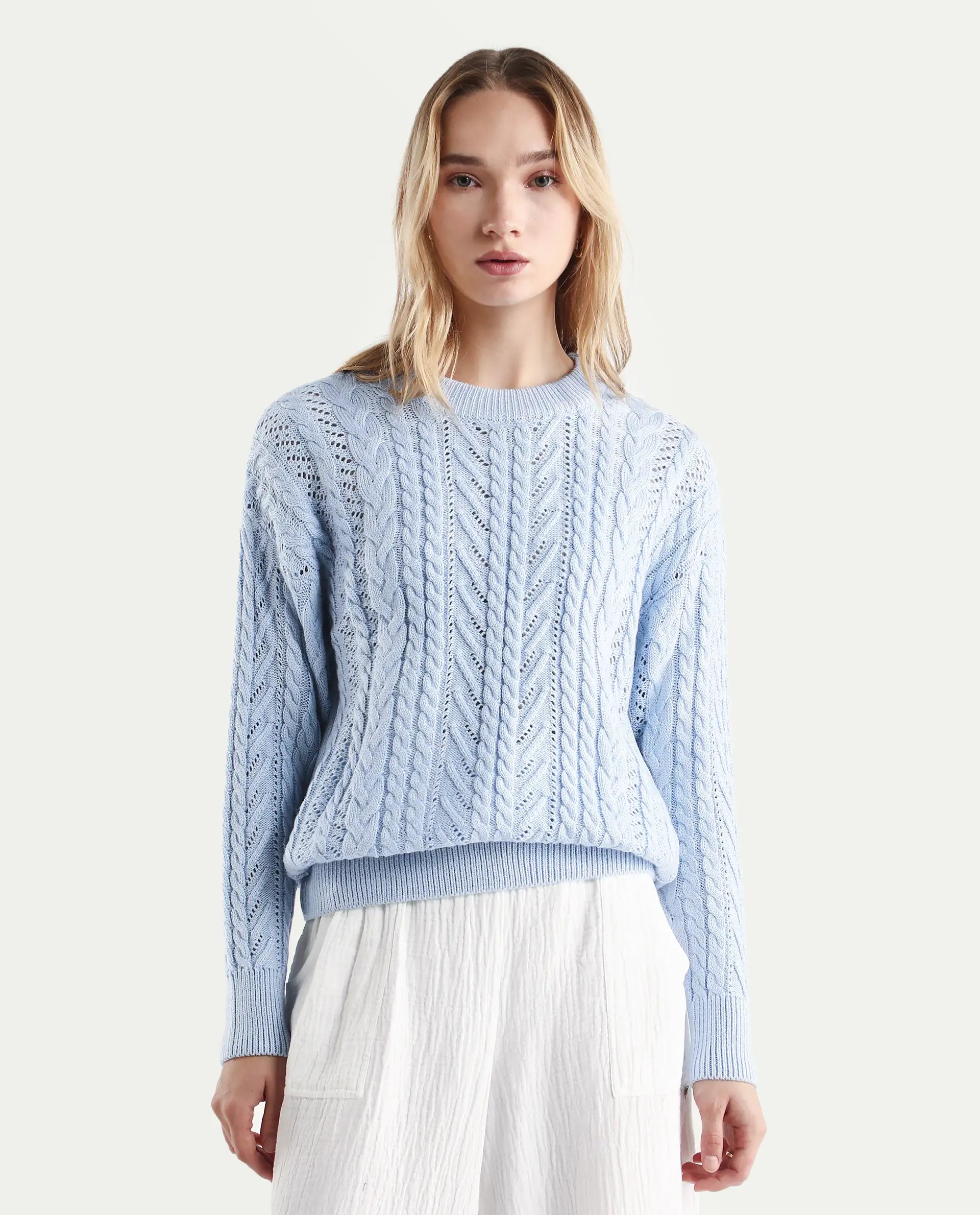 Rareism Women's Kaya Light Blue Acrylic Crew Neck Plain Regular Fit Sweater