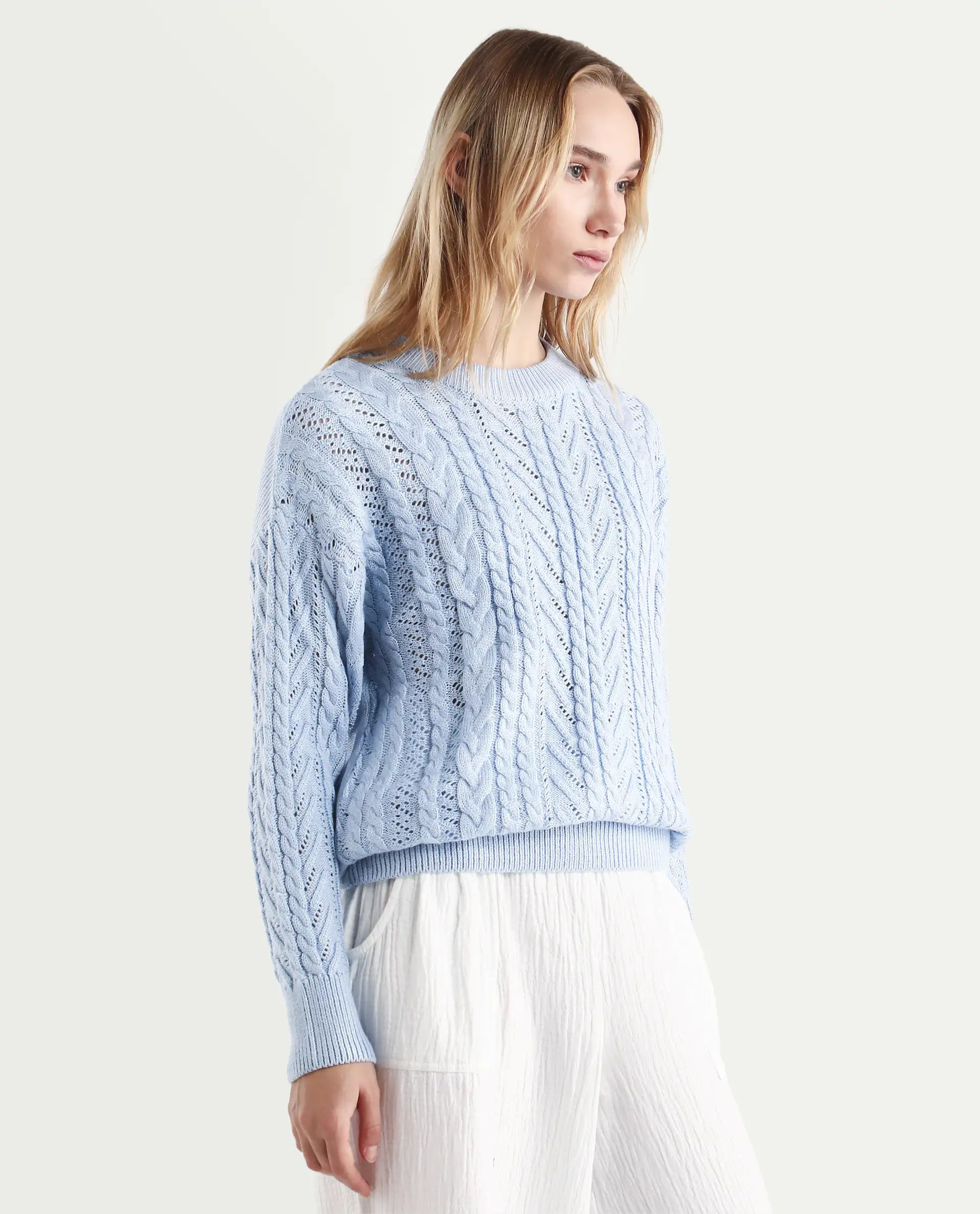 Rareism Women's Kaya Light Blue Acrylic Crew Neck Plain Regular Fit Sweater