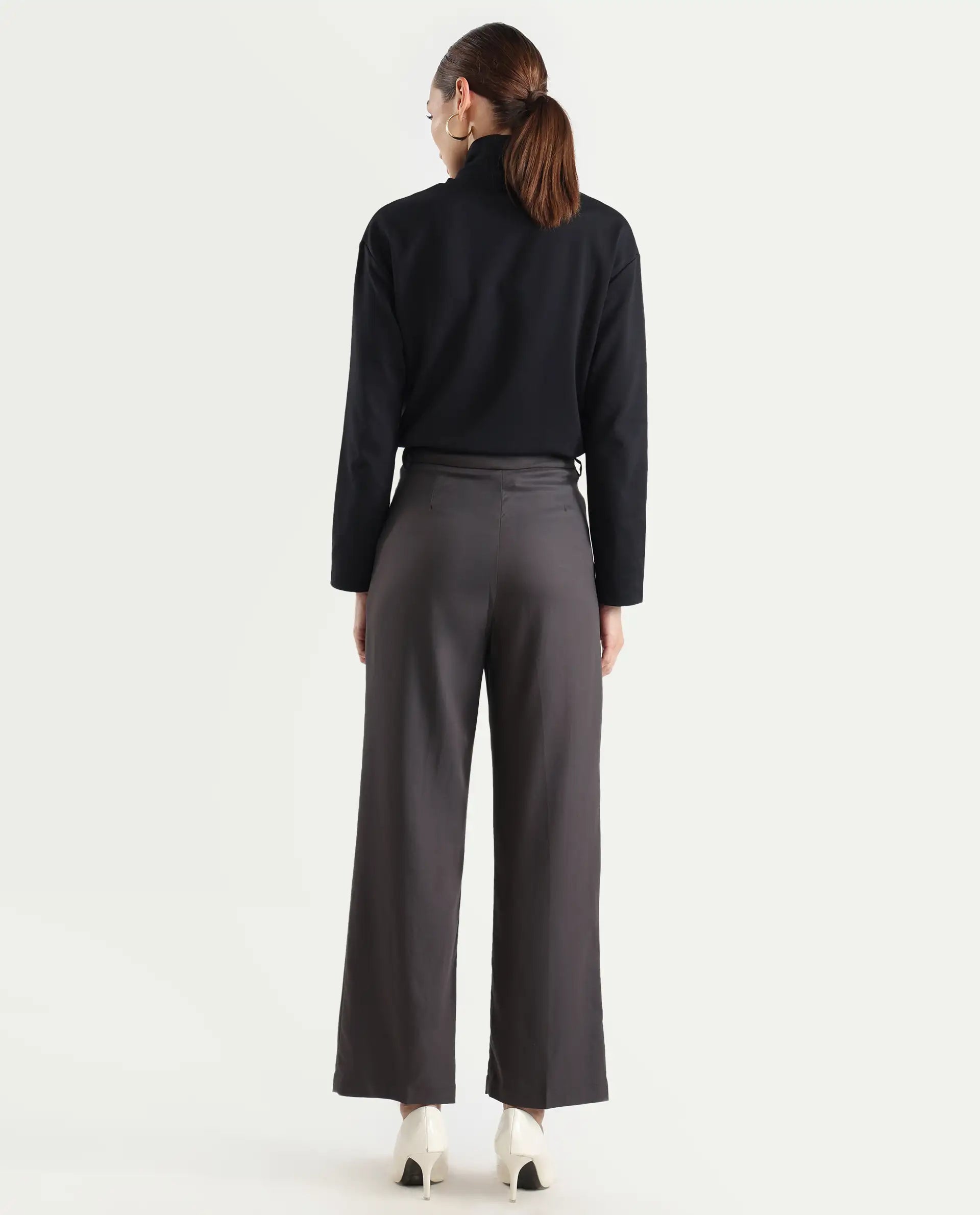 Rareism Women's Kekilli Grey Polyester Plain Ankle Length Wide Trouser