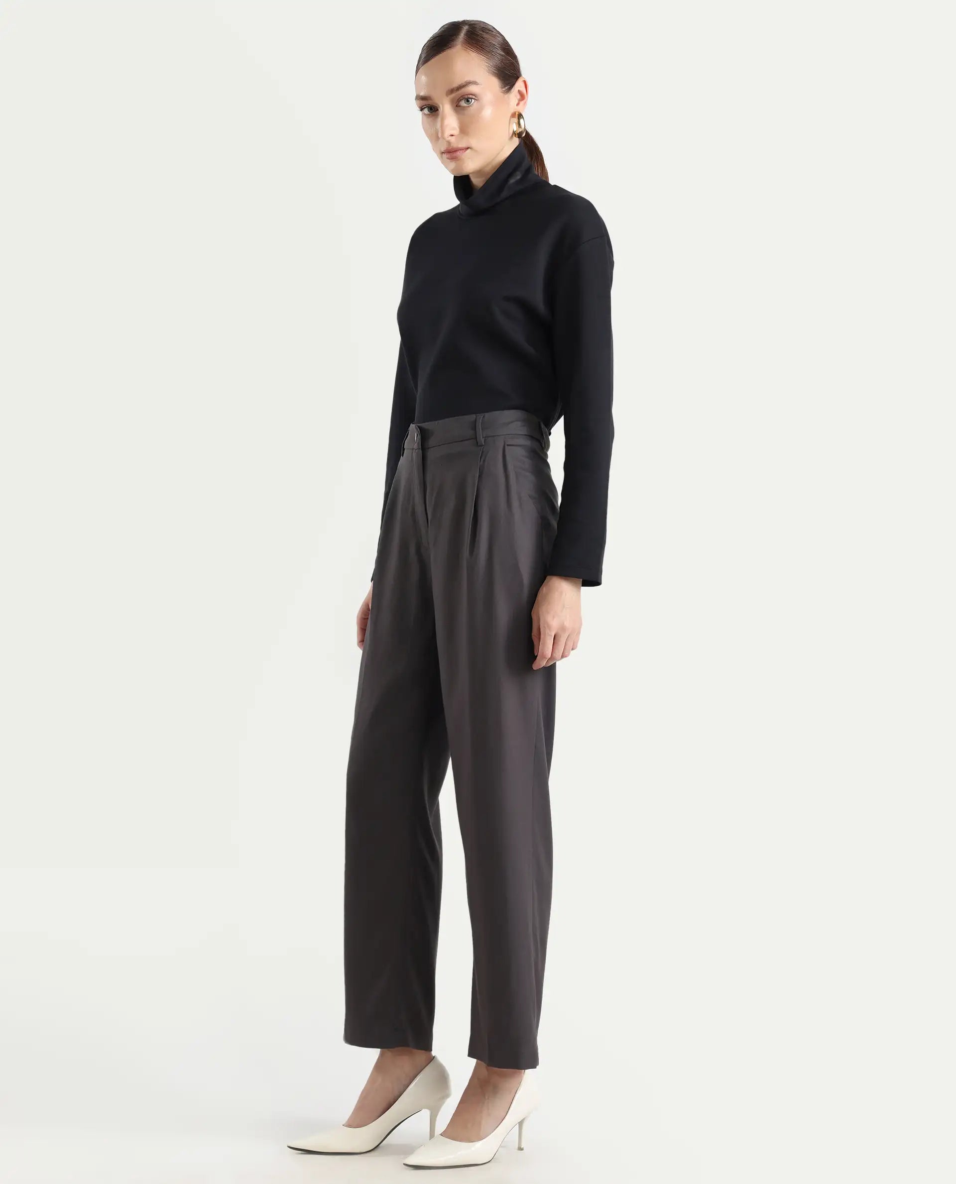 Rareism Women's Kekilli Grey Polyester Plain Ankle Length Wide Trouser