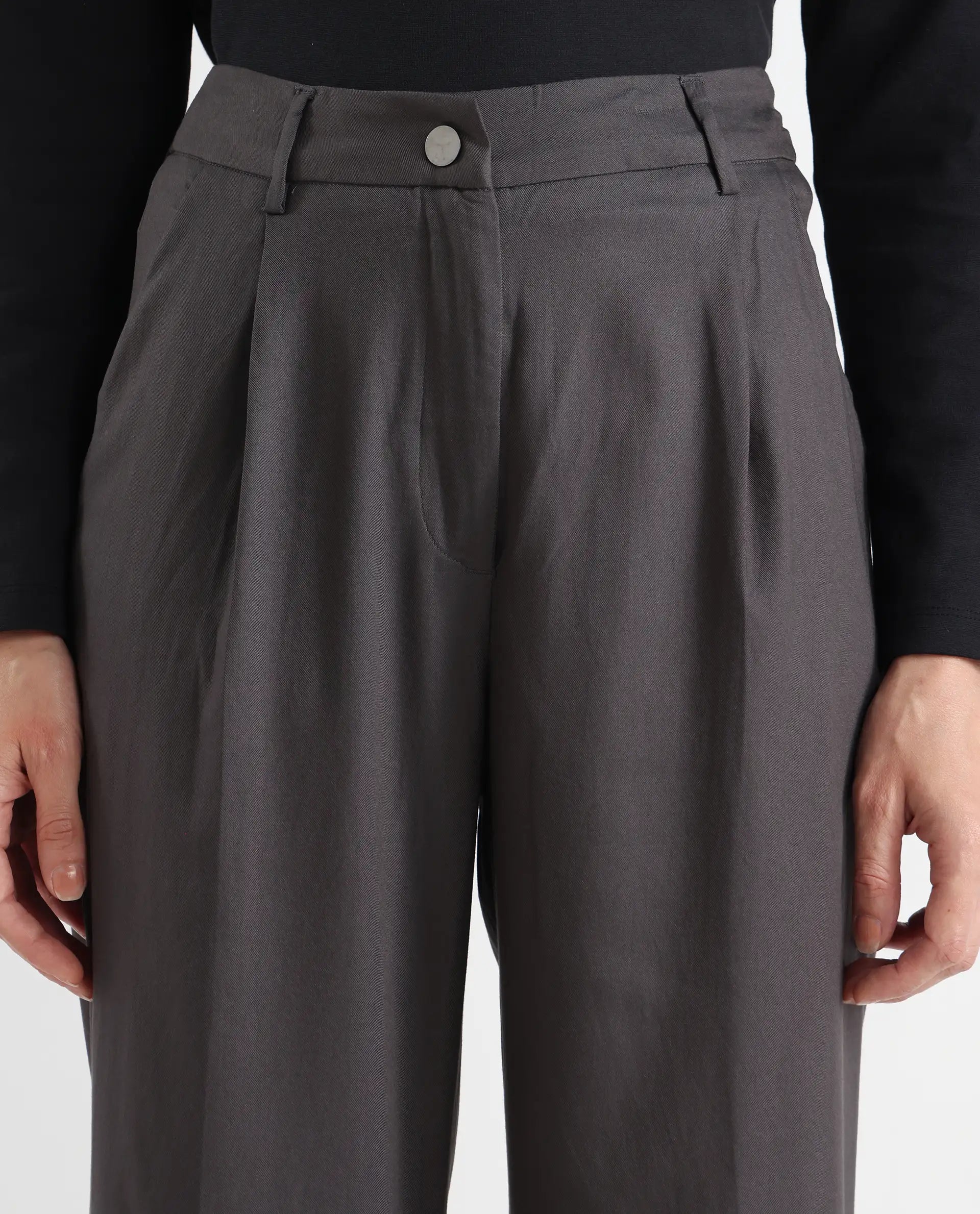 Rareism Women's Kekilli Grey Polyester Plain Ankle Length Wide Trouser