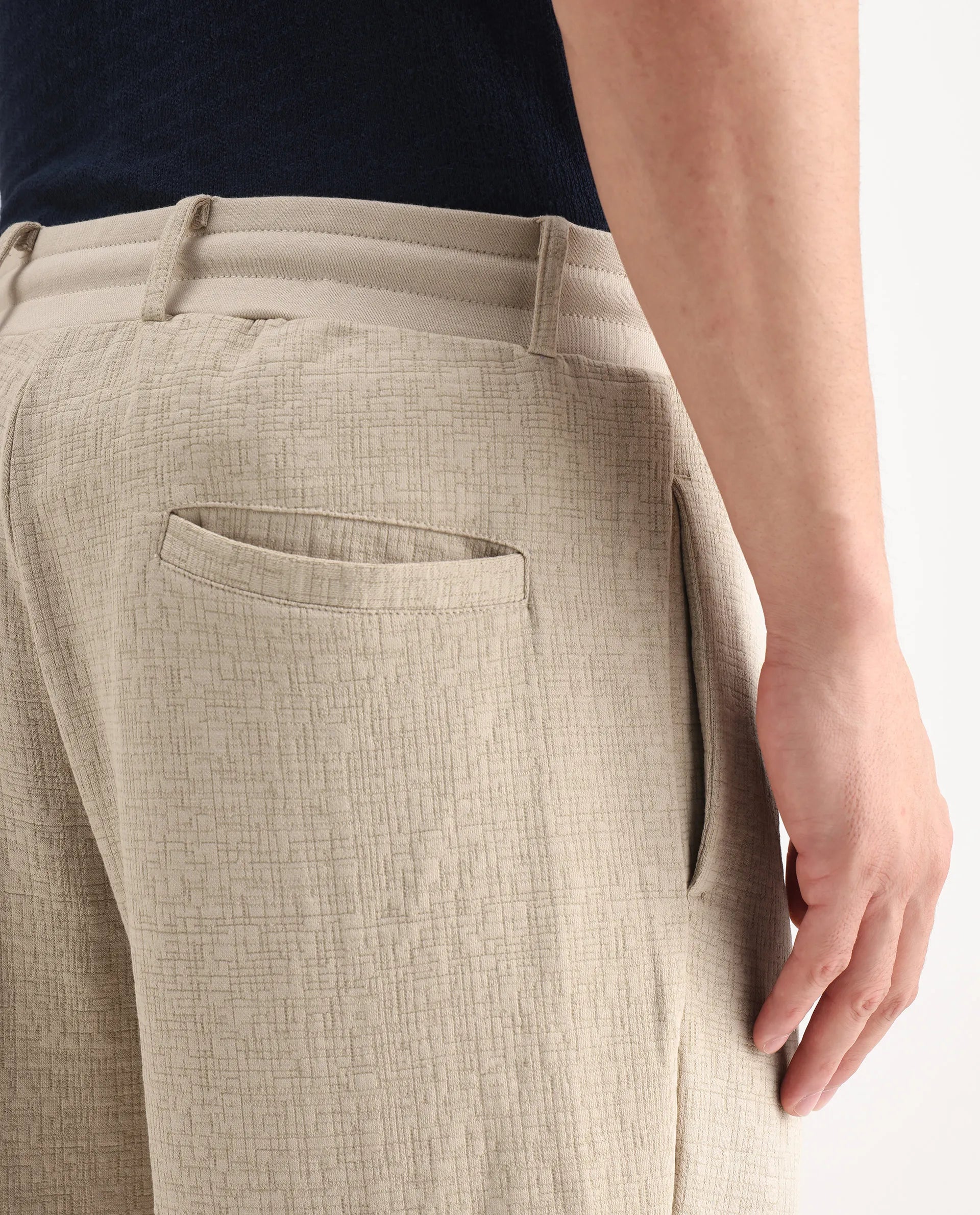 Rare Rabbit Men's Keloe Beige Cotton Blend Plain Relaxed Fit Trouser