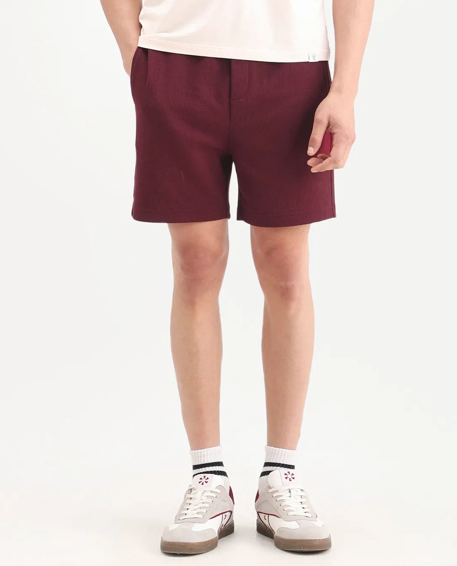 Rare Rabbit Men's Kelos-Sh26 Maroon Cotton Blend Fabric Regular Fit Plain Shorts