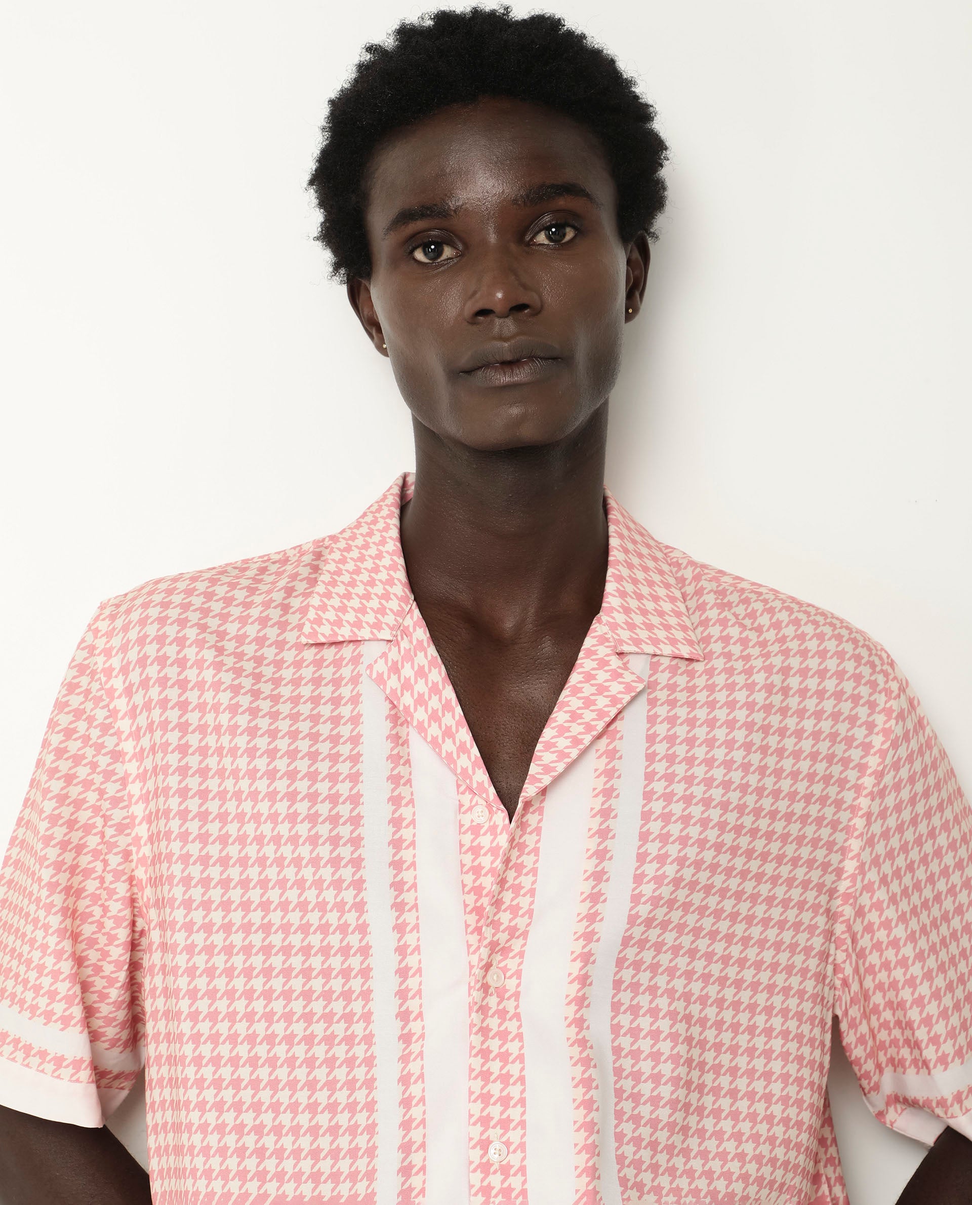Rare Rabbit Men's Kene Peach Viscose Fabric Short Sleeve Cuban Collar Boxy Fit Houndstooth Print Shirt
