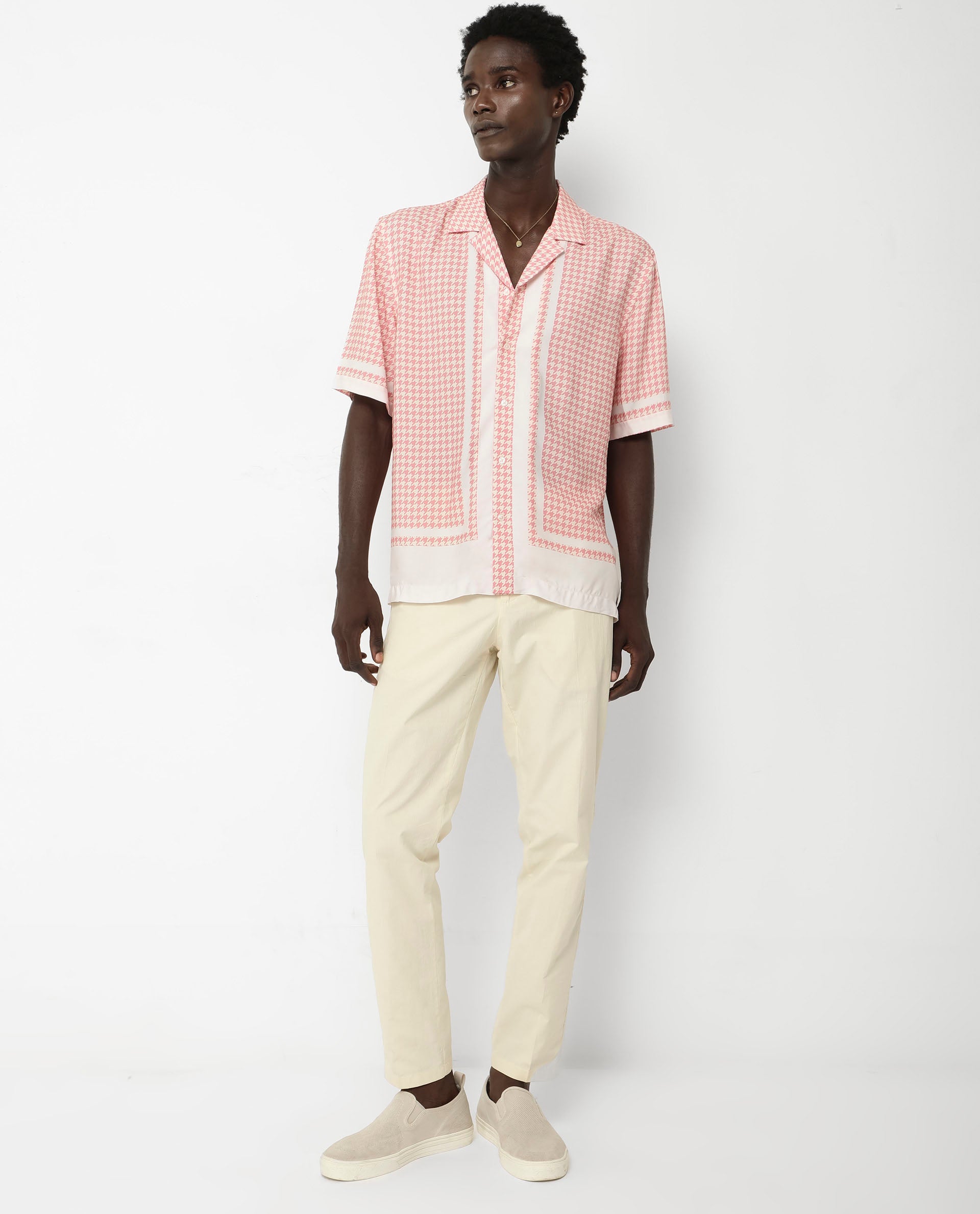 Rare Rabbit Men's Kene Peach Viscose Fabric Short Sleeve Cuban Collar Boxy Fit Houndstooth Print Shirt