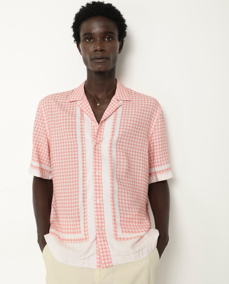 Rare Rabbit Men's Kene Peach Viscose Fabric Short Sleeve Cuban Collar Boxy Fit Houndstooth Print Shirt