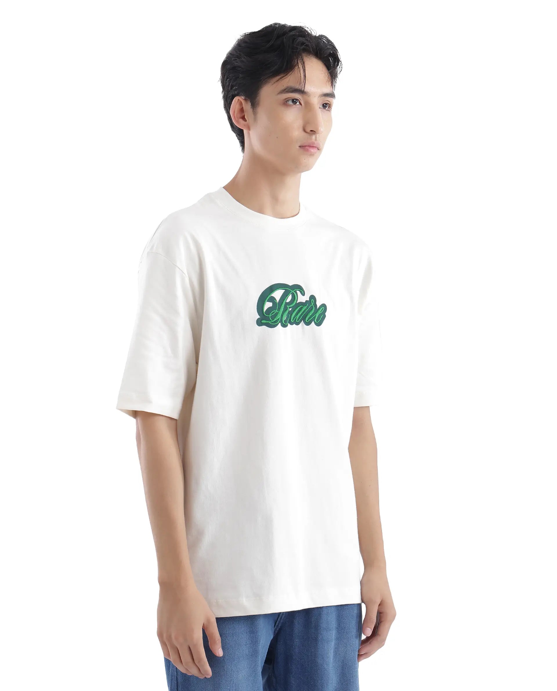 Rare Rabbit Men Kenzo Off White Cotton Fabric Short Sleeve Crew Neck Oversized Fit Embroidered T-Shirt