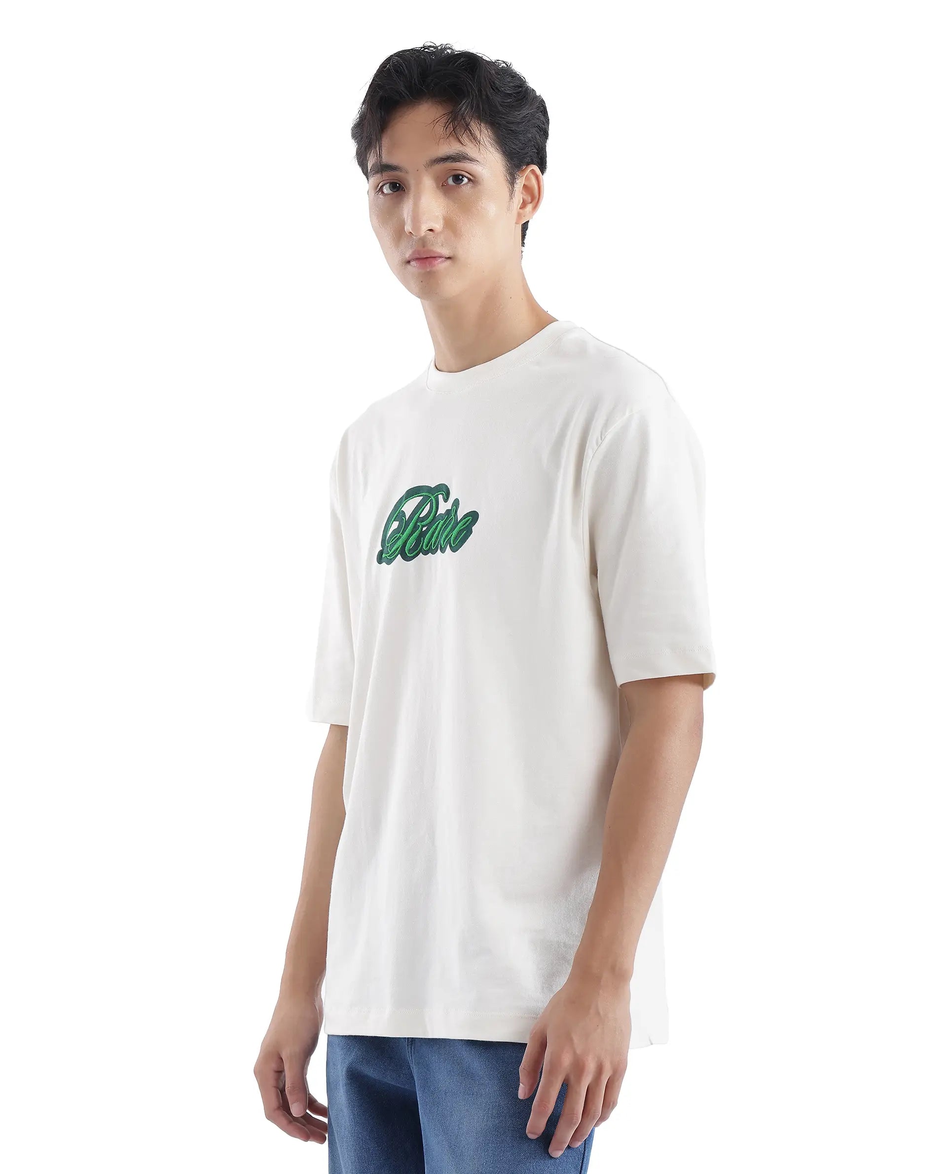 Rare Rabbit Men Kenzo Off White Cotton Fabric Short Sleeve Crew Neck Oversized Fit Embroidered T-Shirt