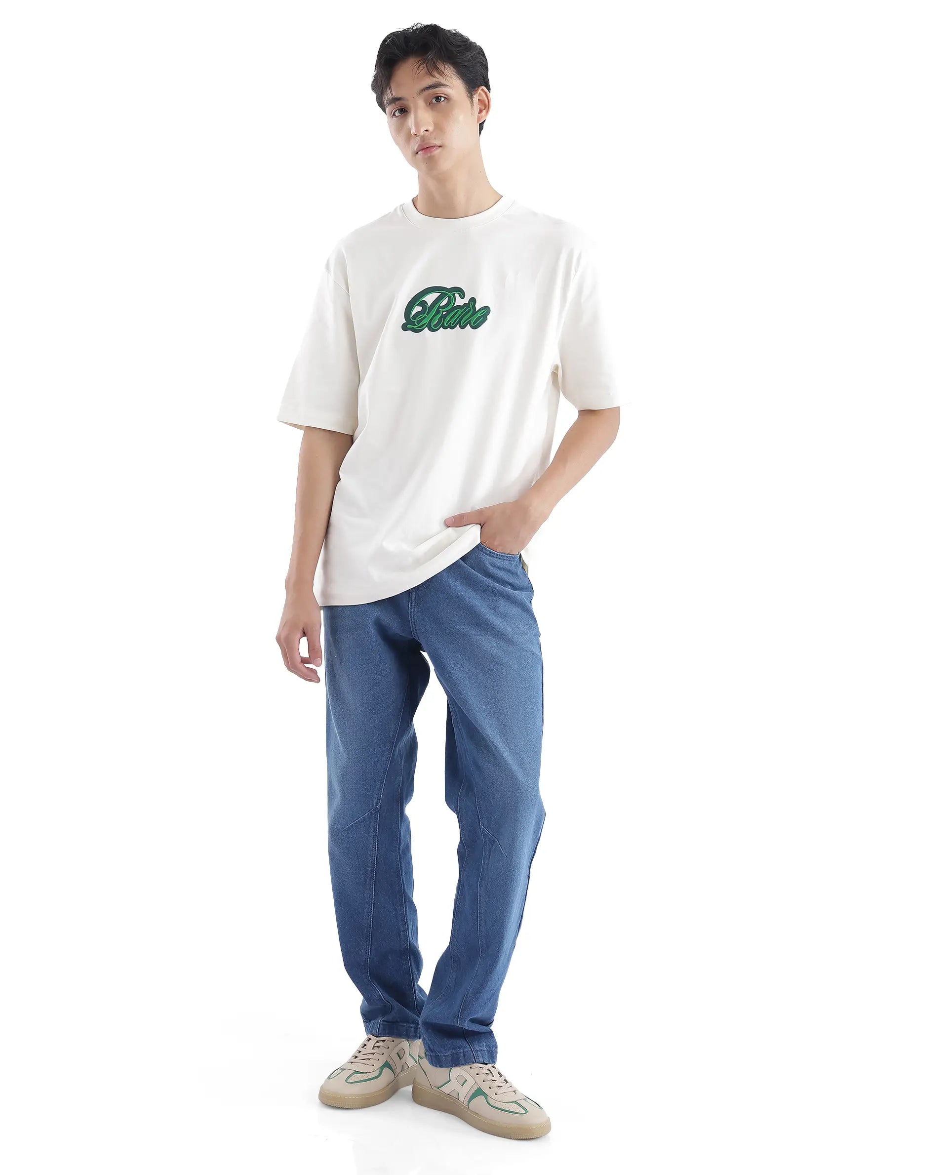 Rare Rabbit Men Kenzo Off White Cotton Fabric Short Sleeve Crew Neck Oversized Fit Embroidered T-Shirt