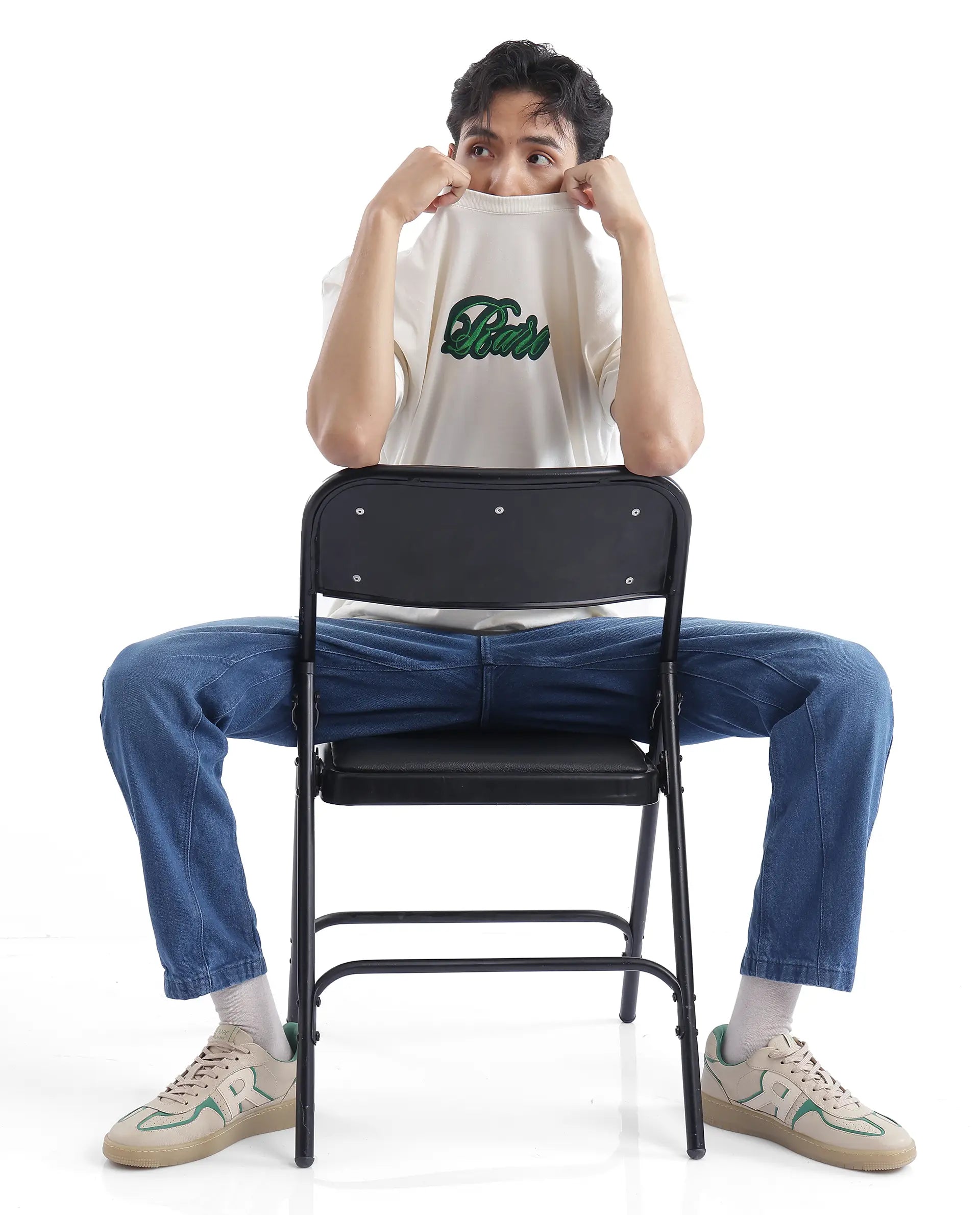 Rare Rabbit Men Kenzo Off White Cotton Fabric Short Sleeve Crew Neck Oversized Fit Embroidered T-Shirt