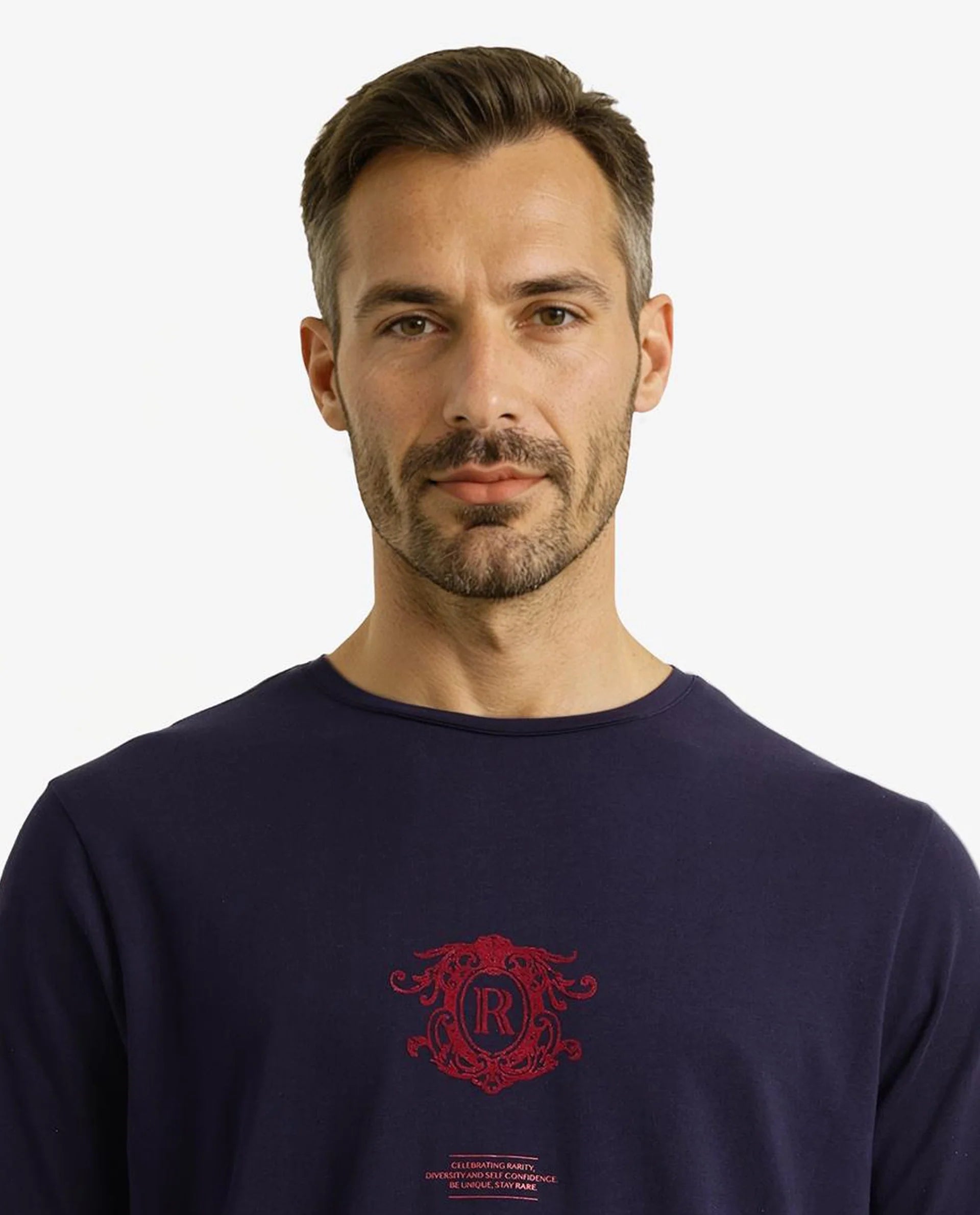 Rare Rabbit Men Ker Navy Cotton Lycra Fabric Short Sleeve Crew Neck Regular Fit Graphic Flock Print T-Shirt