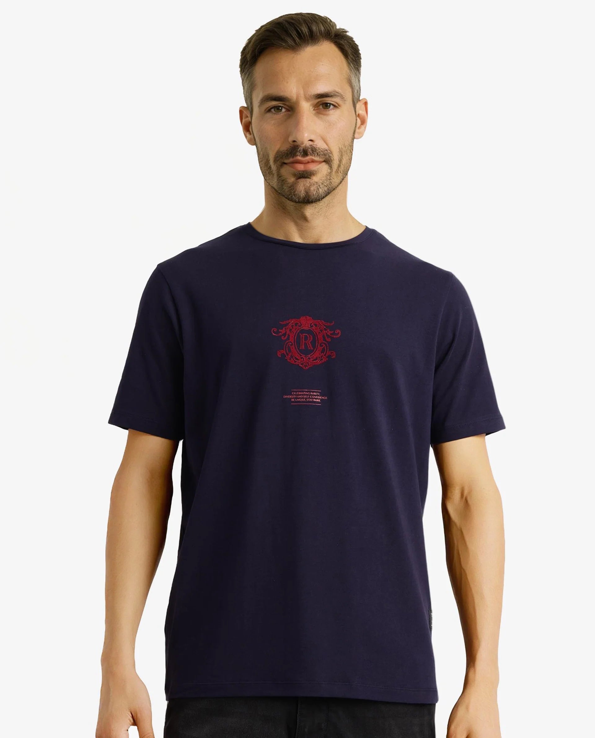 Rare Rabbit Men Ker Navy Cotton Lycra Fabric Short Sleeve Crew Neck Regular Fit Graphic Flock Print T-Shirt