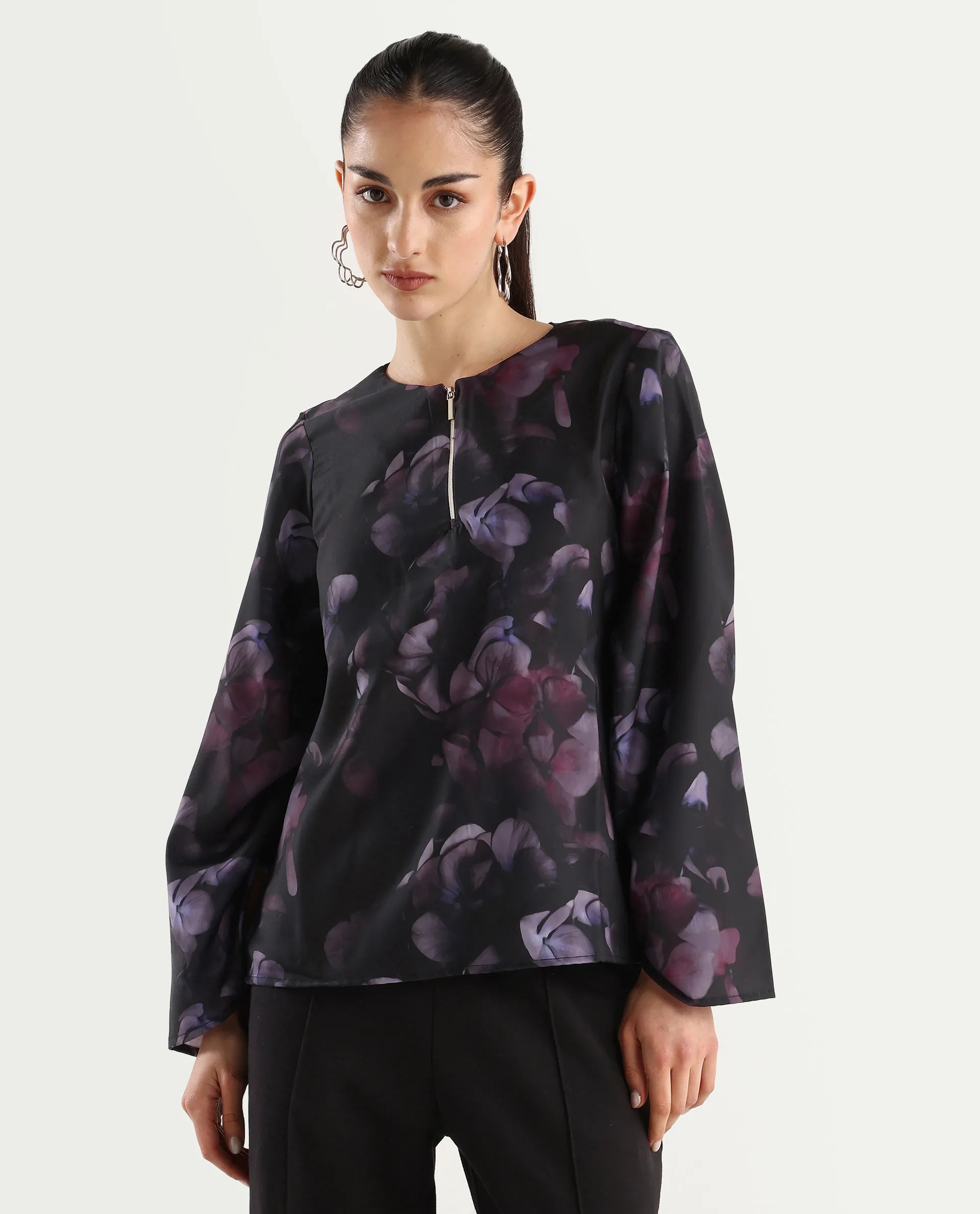 Rareism Women's Kiko Multi Polyester Crew Neck Floral Print Volume Sleeve Regular Fit Top