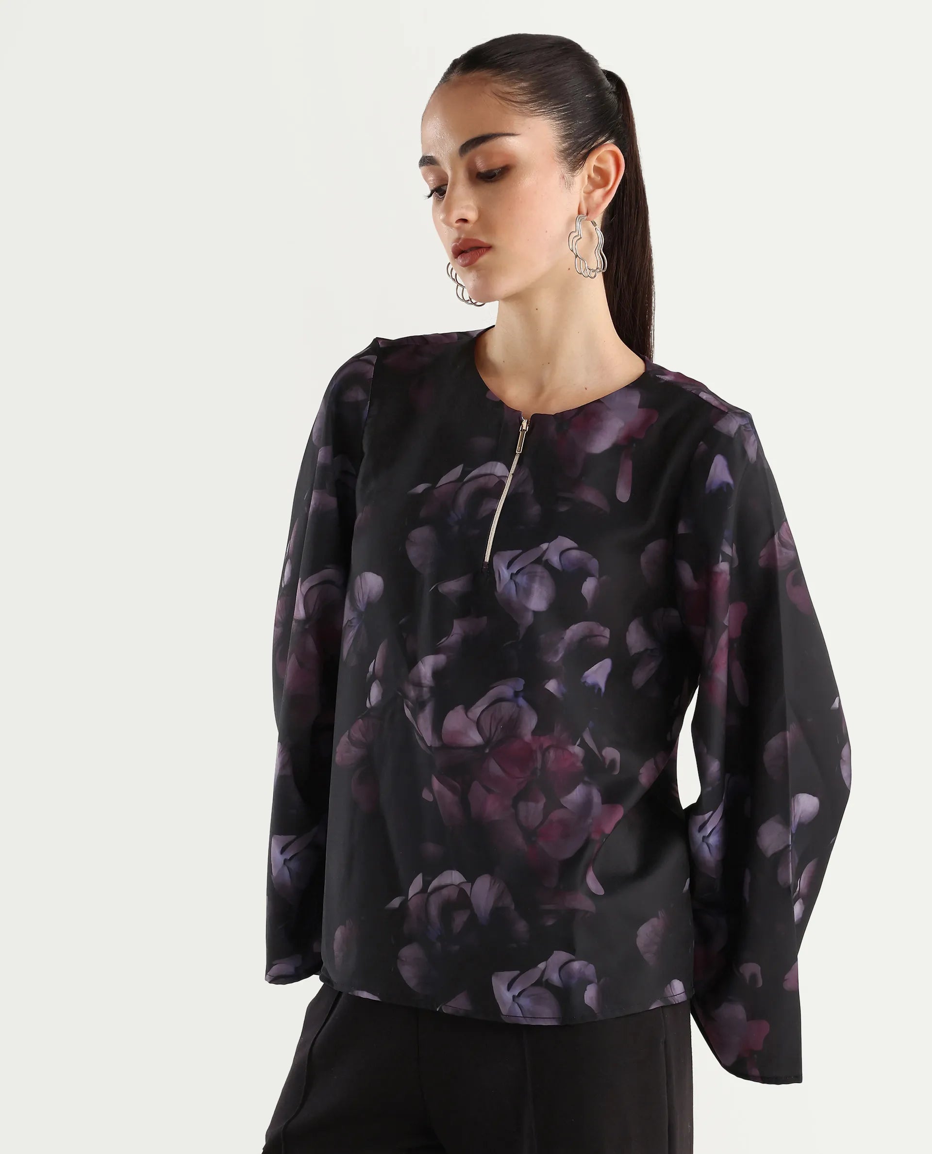 Rareism Women's Kiko Multi Polyester Crew Neck Floral Print Volume Sleeve Regular Fit Top