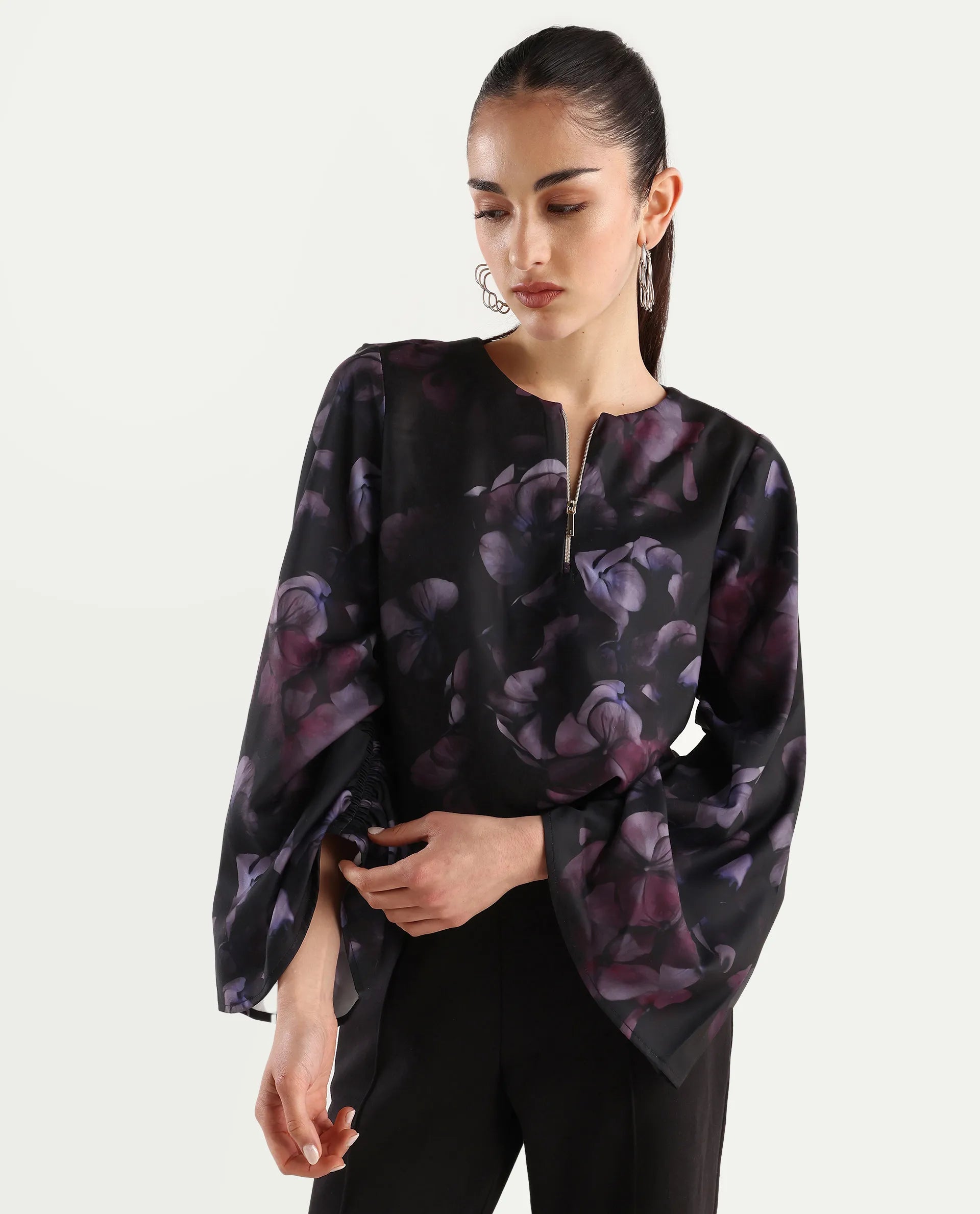 Rareism Women's Kiko Multi Polyester Crew Neck Floral Print Volume Sleeve Regular Fit Top