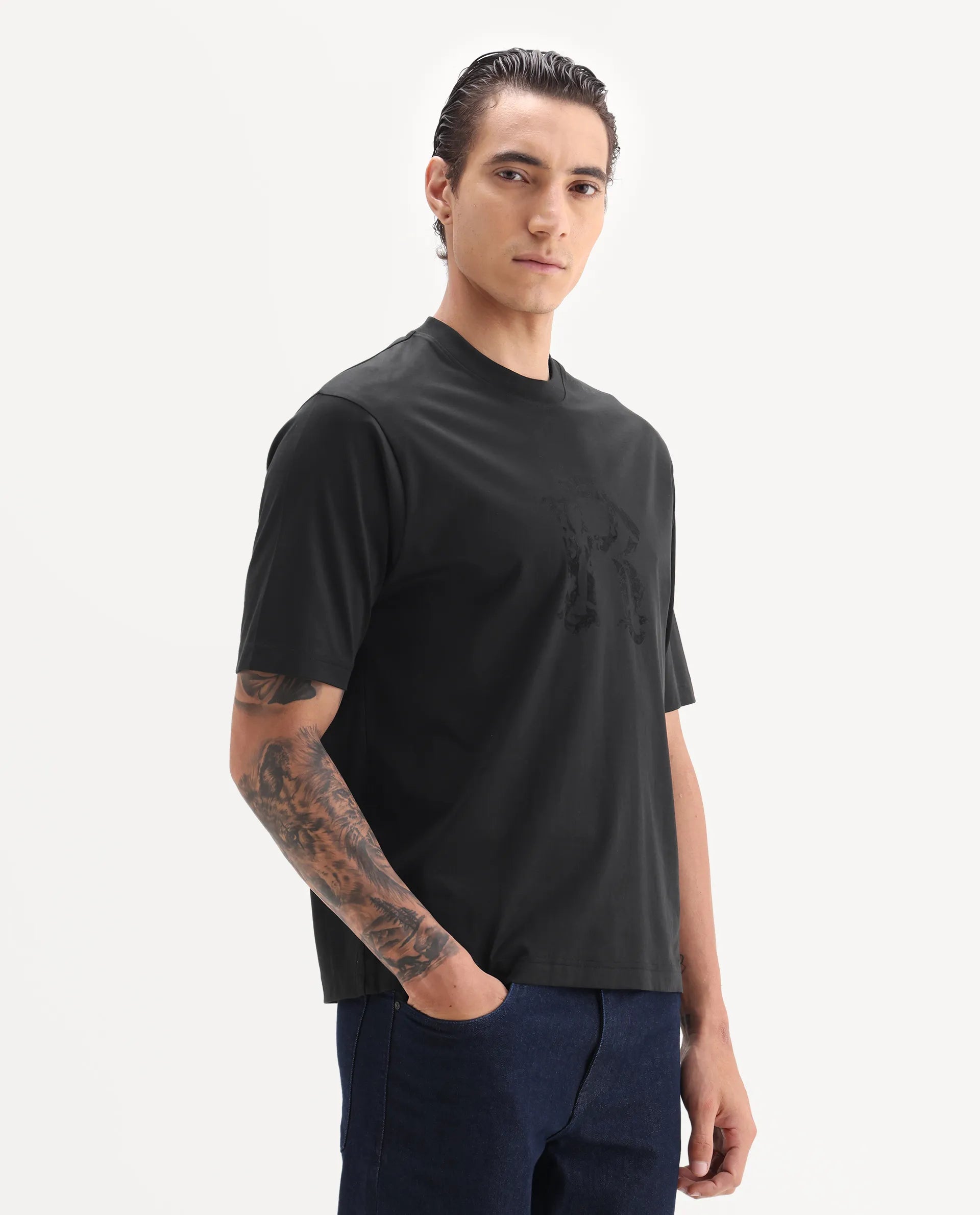 Rare Rabbit Men's Kilon Black Cotton Fabric Half Sleeve Crew Neck Regular Fit Graphic Print T-Shirt