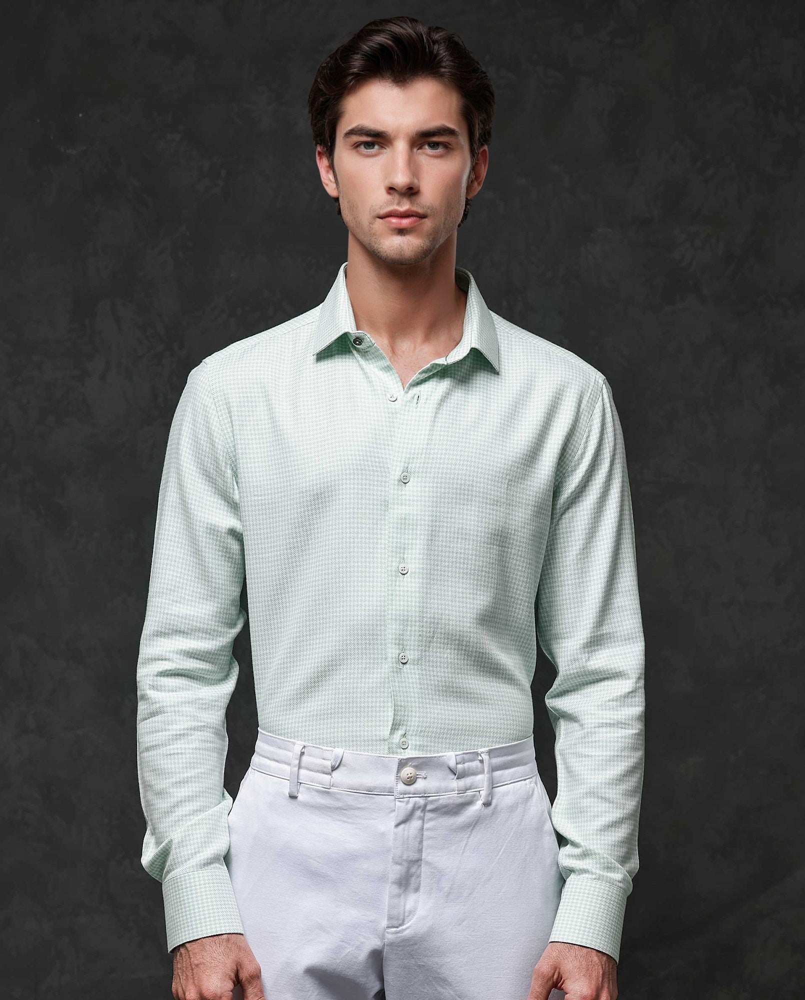 Rare Rabbit Mens Kinate Pastel Green Full Sleeve Solid Houndstooth Check Shirt