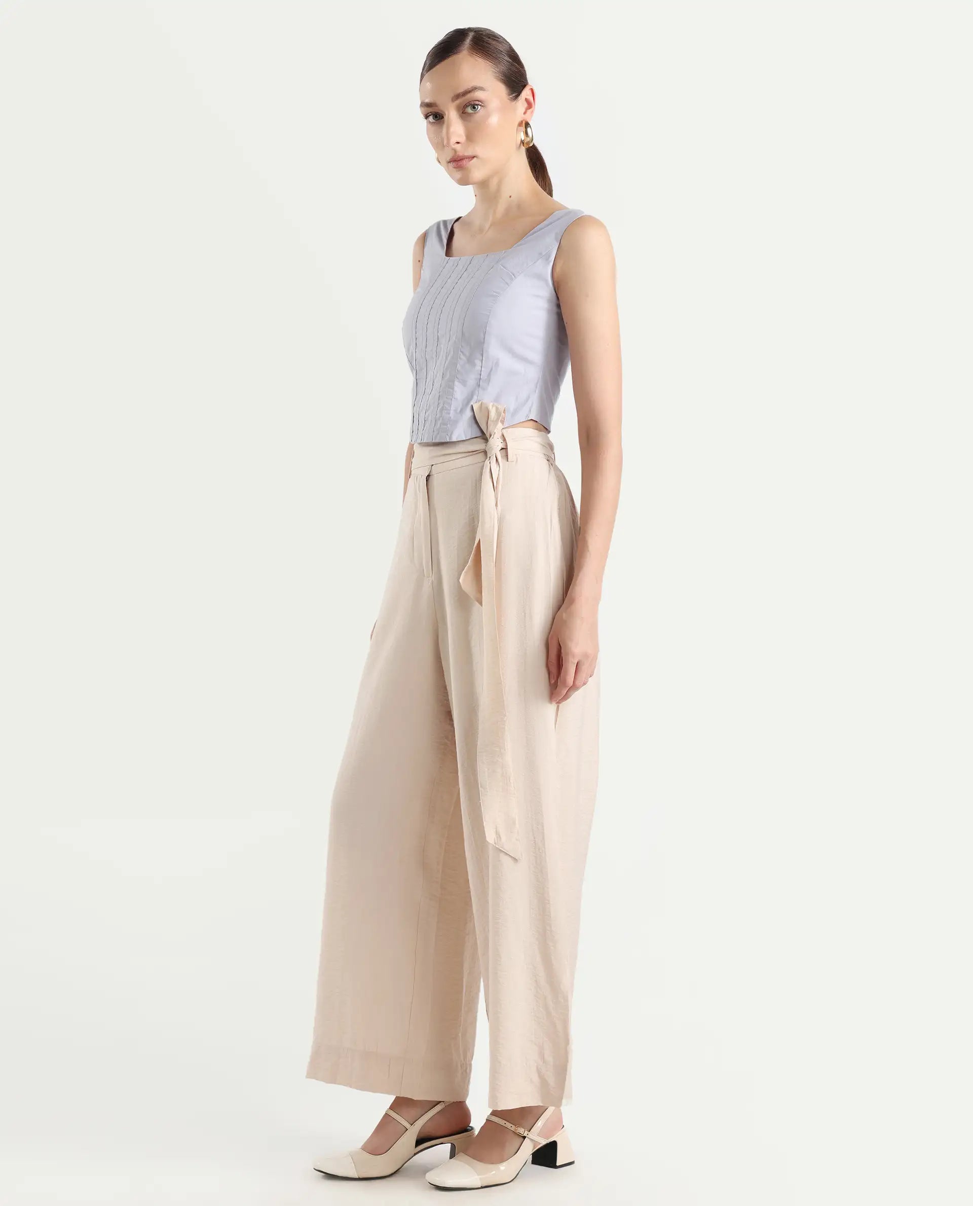 Rareism Women's Kingko Beige Cotton Blend Plain Ankle Length Straight Fit Trouser