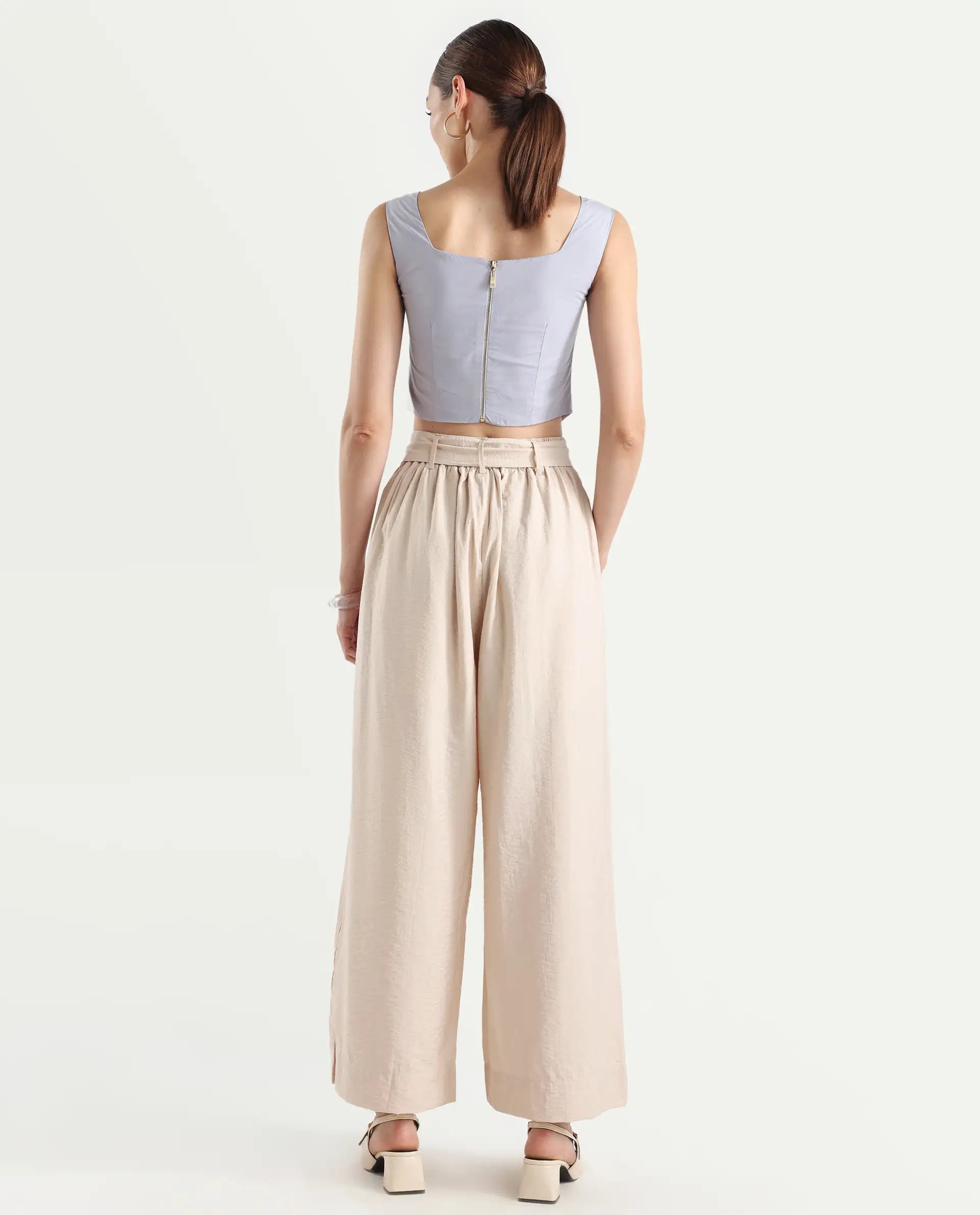 Rareism Women's Kingko Beige Cotton Blend Plain Ankle Length Straight Fit Trouser