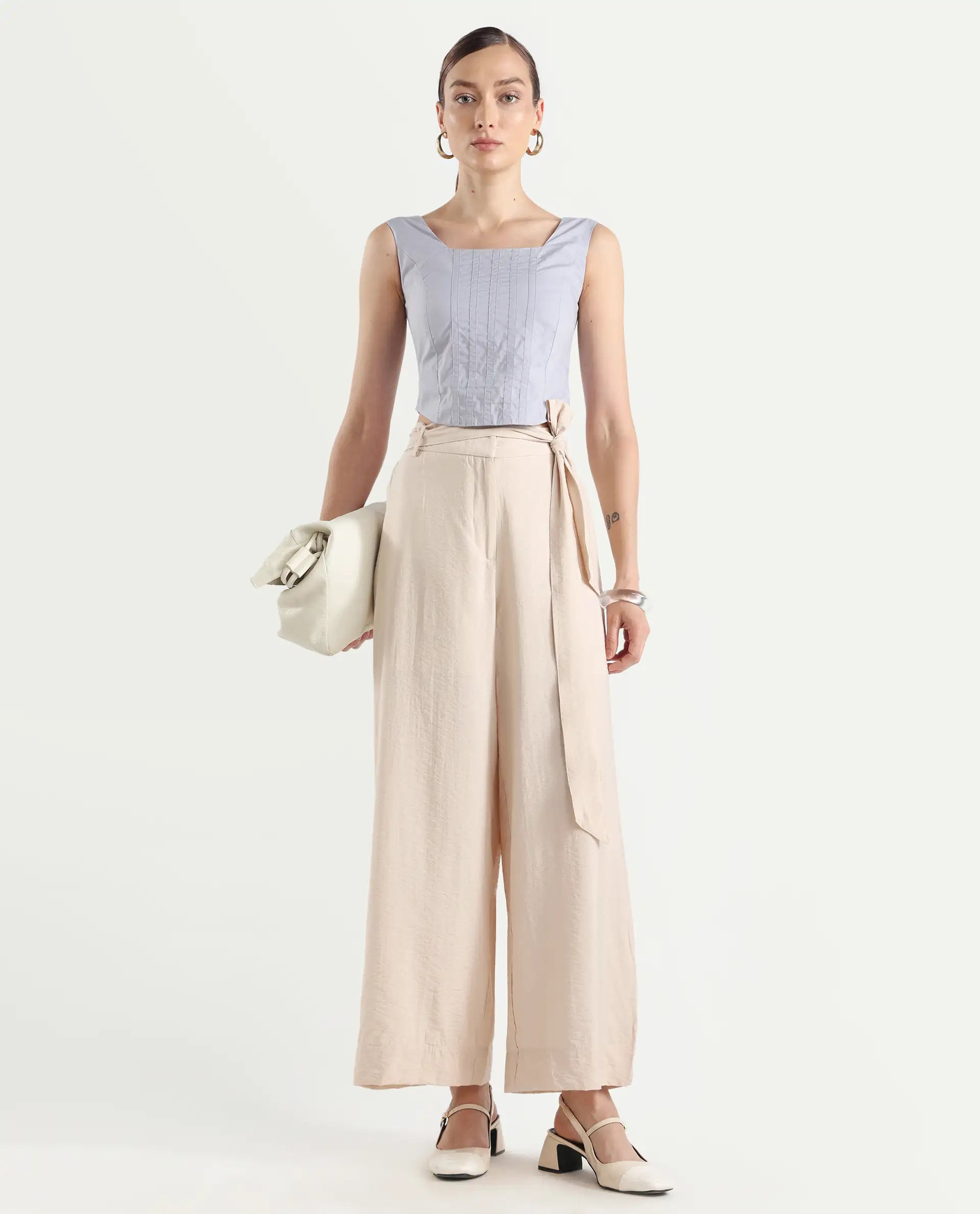 Rareism Women's Kingko Beige Cotton Blend Plain Ankle Length Straight Fit Trouser