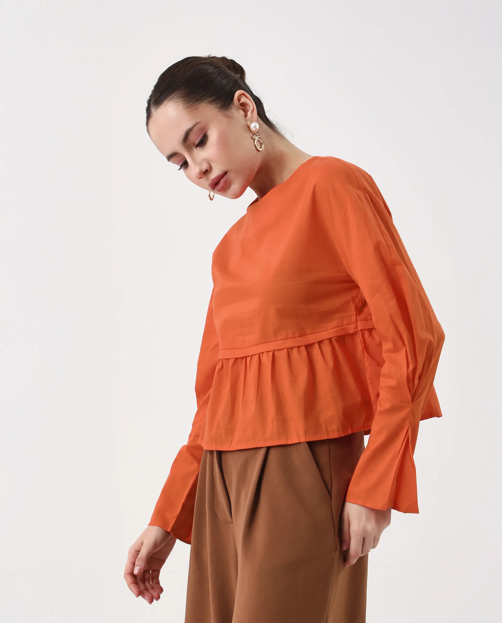 Rareism Women's Kingwell Orange Cotton Crew Neck Plain Relaxed Fit Top