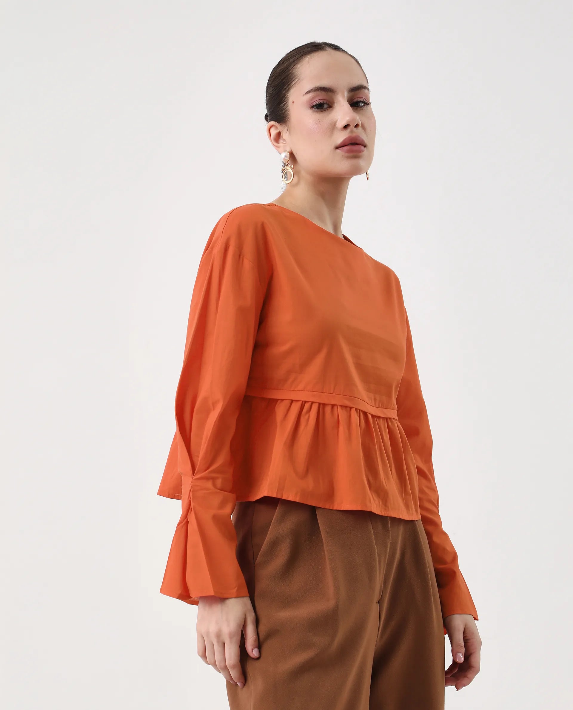 Rareism Women's Kingwell Orange Cotton Crew Neck Plain Relaxed Fit Top