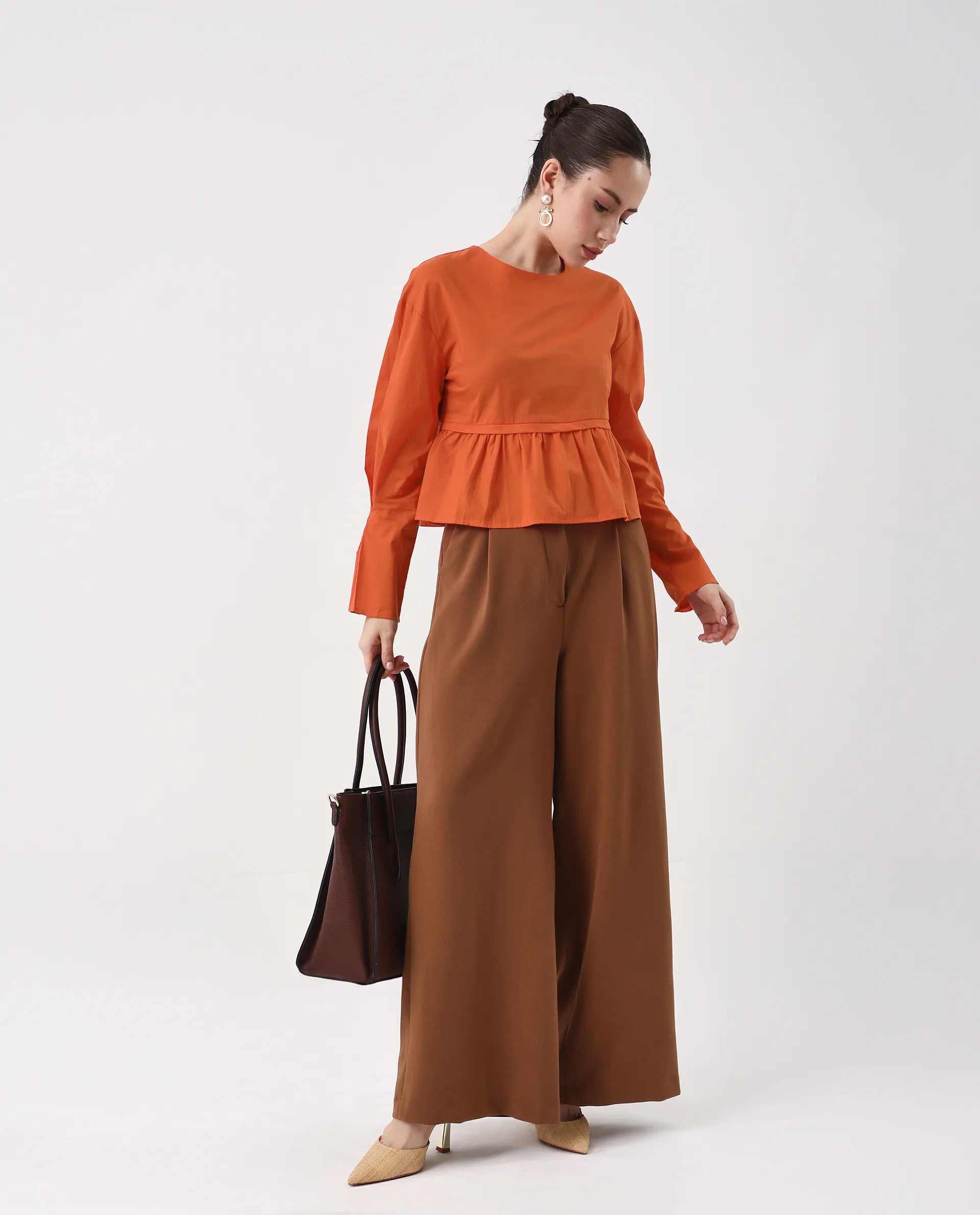 Rareism Women's Kingwell Orange Cotton Crew Neck Plain Relaxed Fit Top