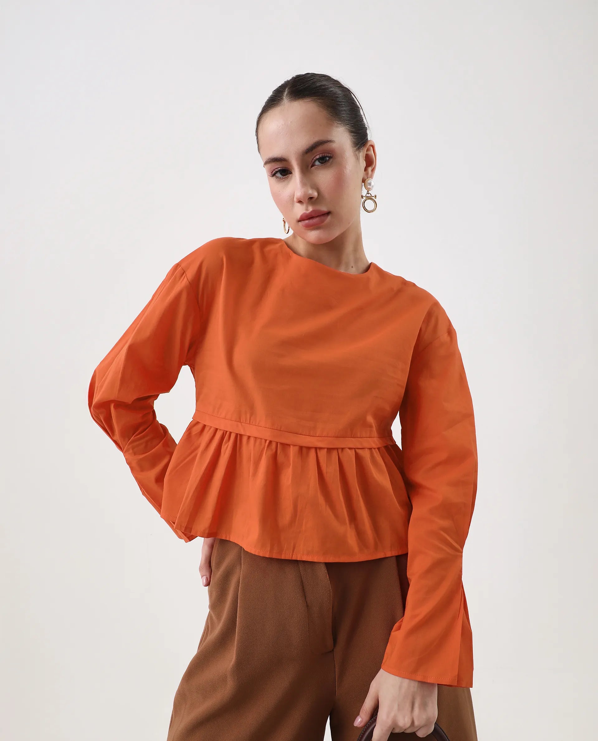 Rareism Women's Kingwell Orange Cotton Crew Neck Plain Relaxed Fit Top