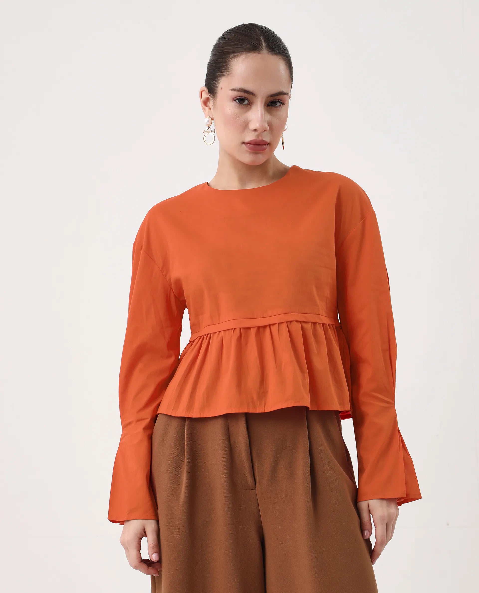 Rareism Women's Kingwell Orange Cotton Crew Neck Plain Relaxed Fit Top