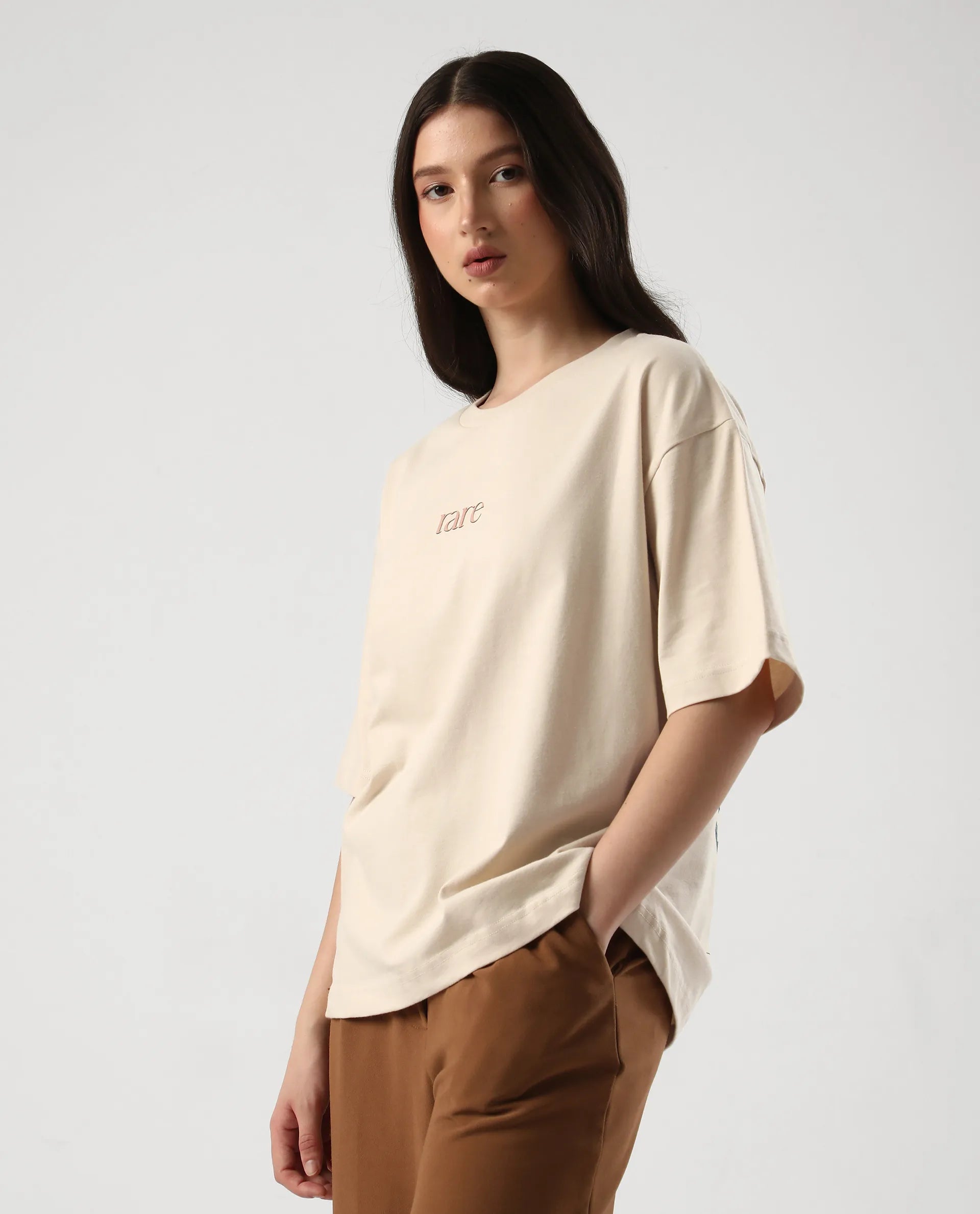 Rareism Women's Klend Off White Cotton Graphic Print Oversized T-Shirt