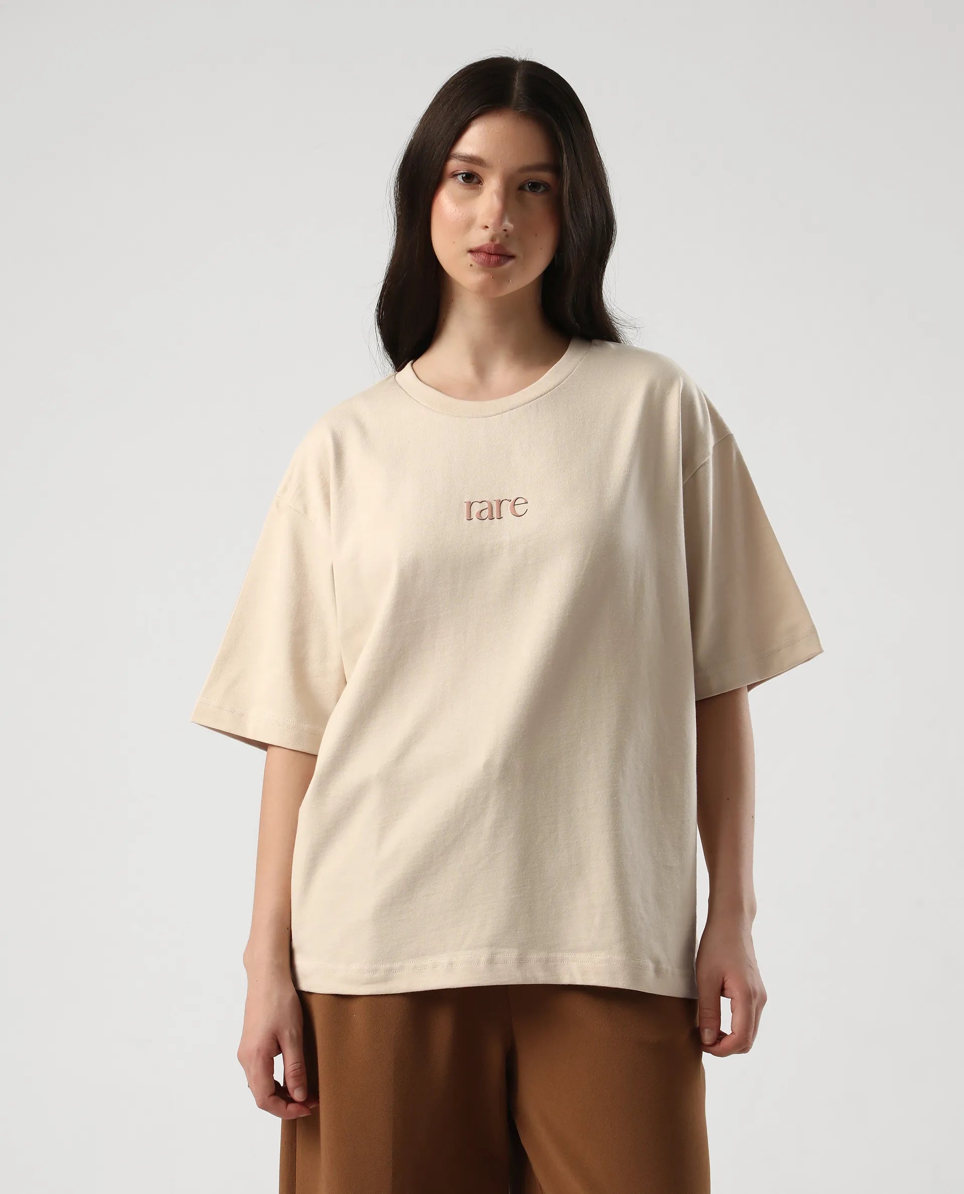 Rareism Women's Klend Off White Cotton Graphic Print Oversized T-Shirt