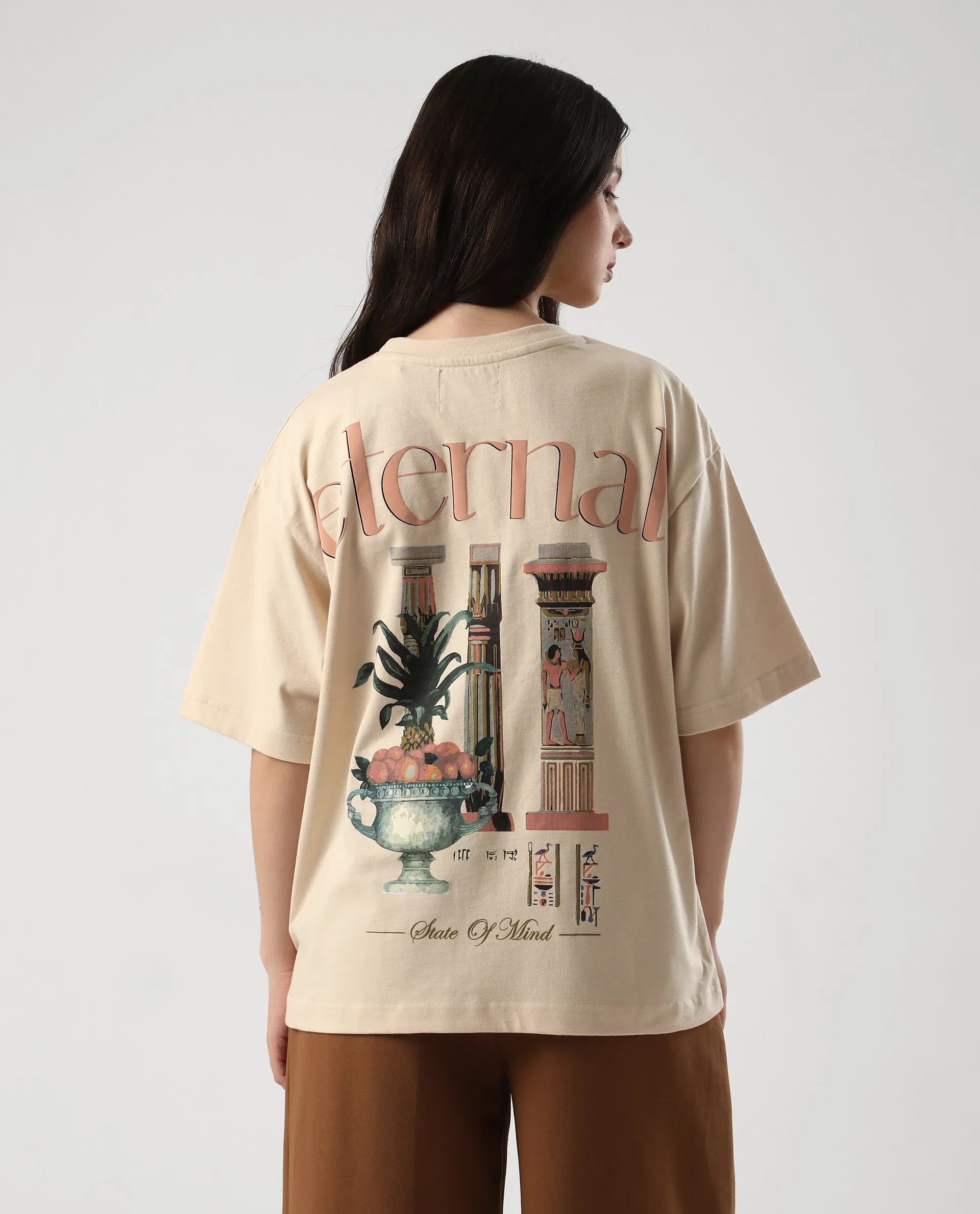 Rareism Women's Klend Off White Cotton Graphic Print Oversized T-Shirt