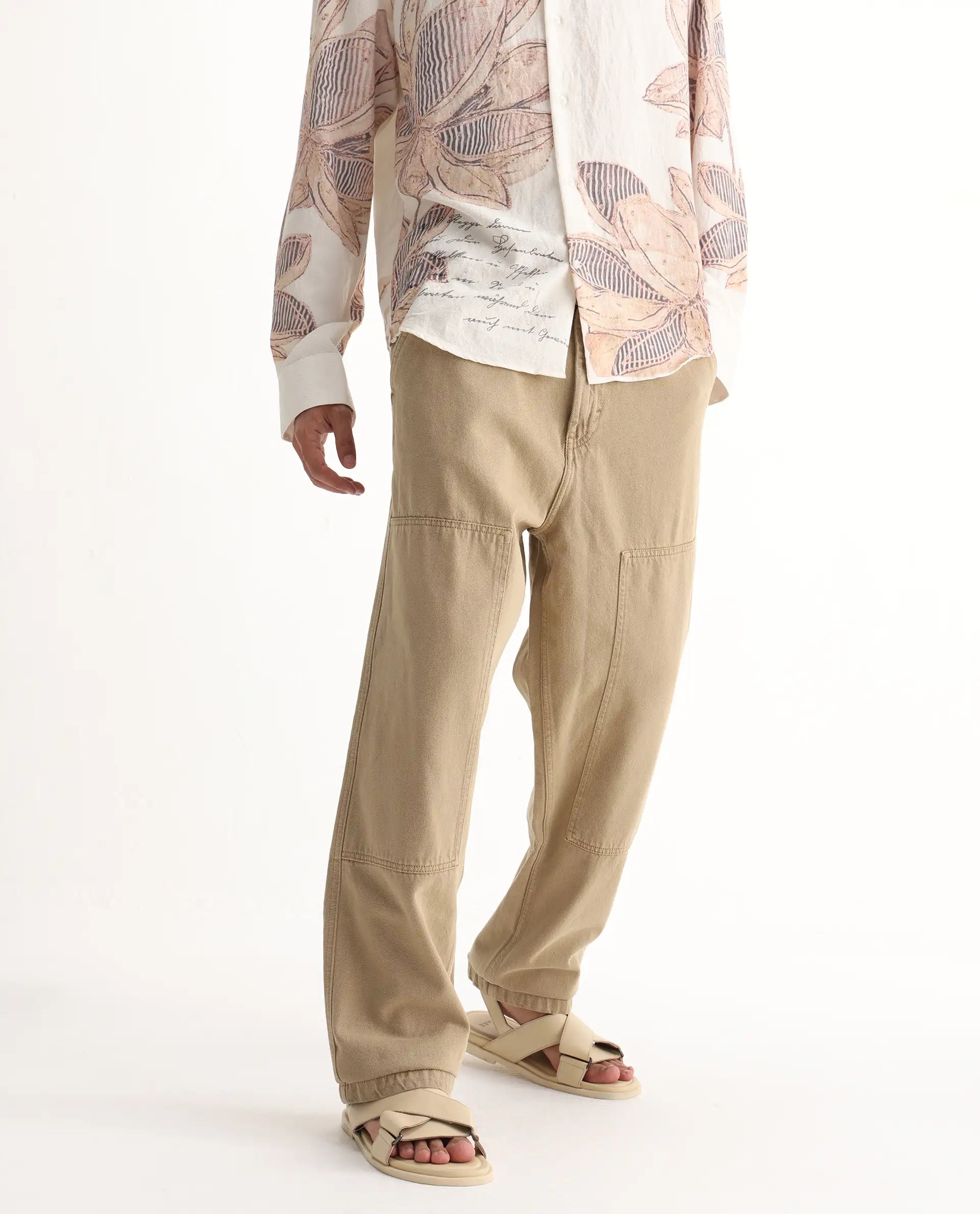 Rare Rabbit Men's Klop Beige Cotton Plain Carpenter Fit Jeans