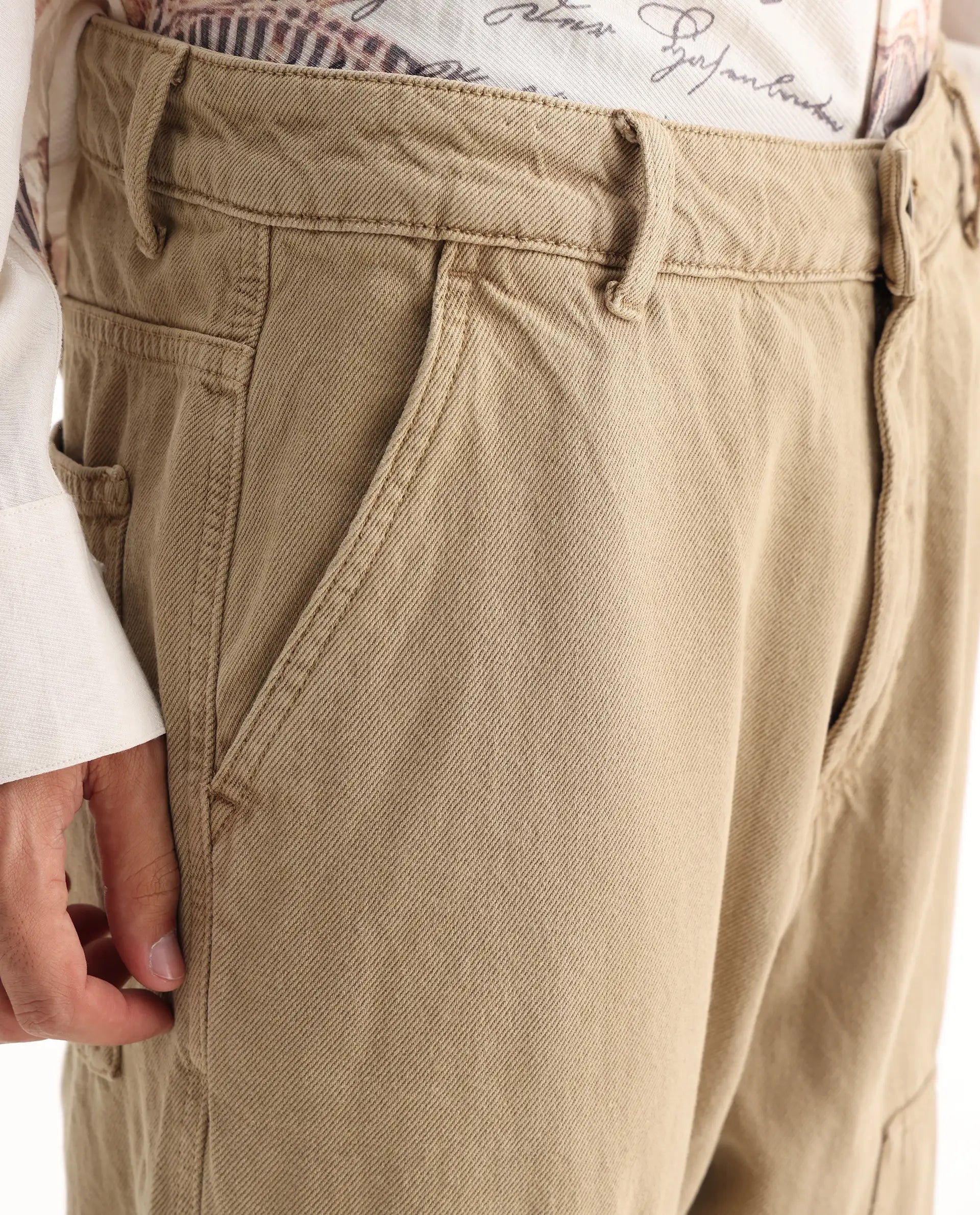 Rare Rabbit Men's Klop Beige Cotton Plain Carpenter Fit Jeans