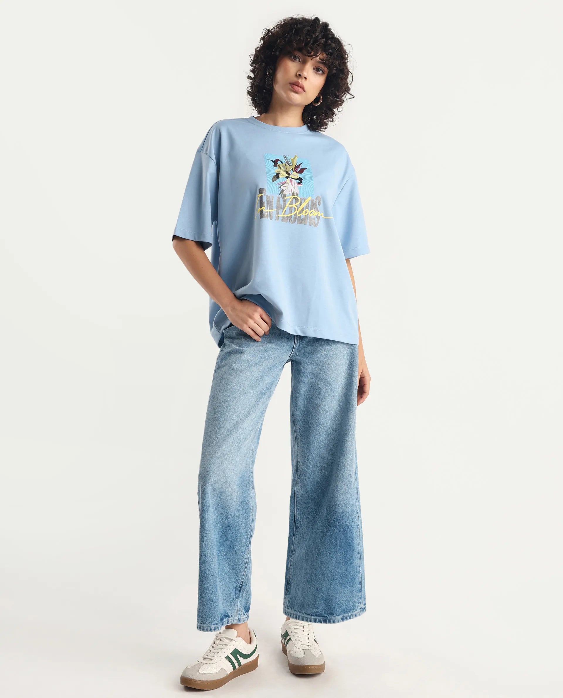 Rareism Women's Klove Light Multi Cotton Blend Crew Neck Graphic Print Oversized T-Shirt