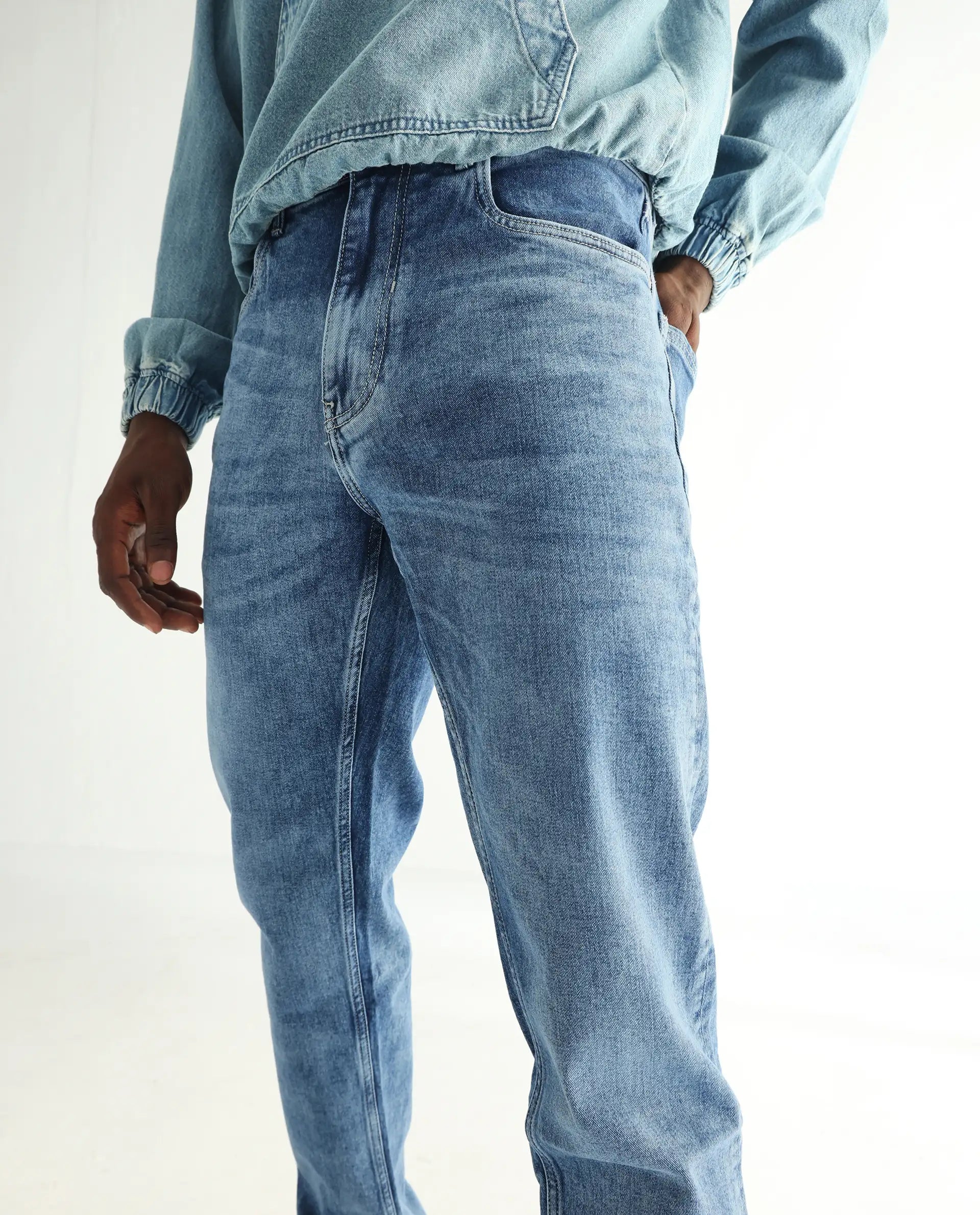 Rare Rabbit Men's Klune-2 Blue Cotton Blend Plain Morris Regular Fit Jeans