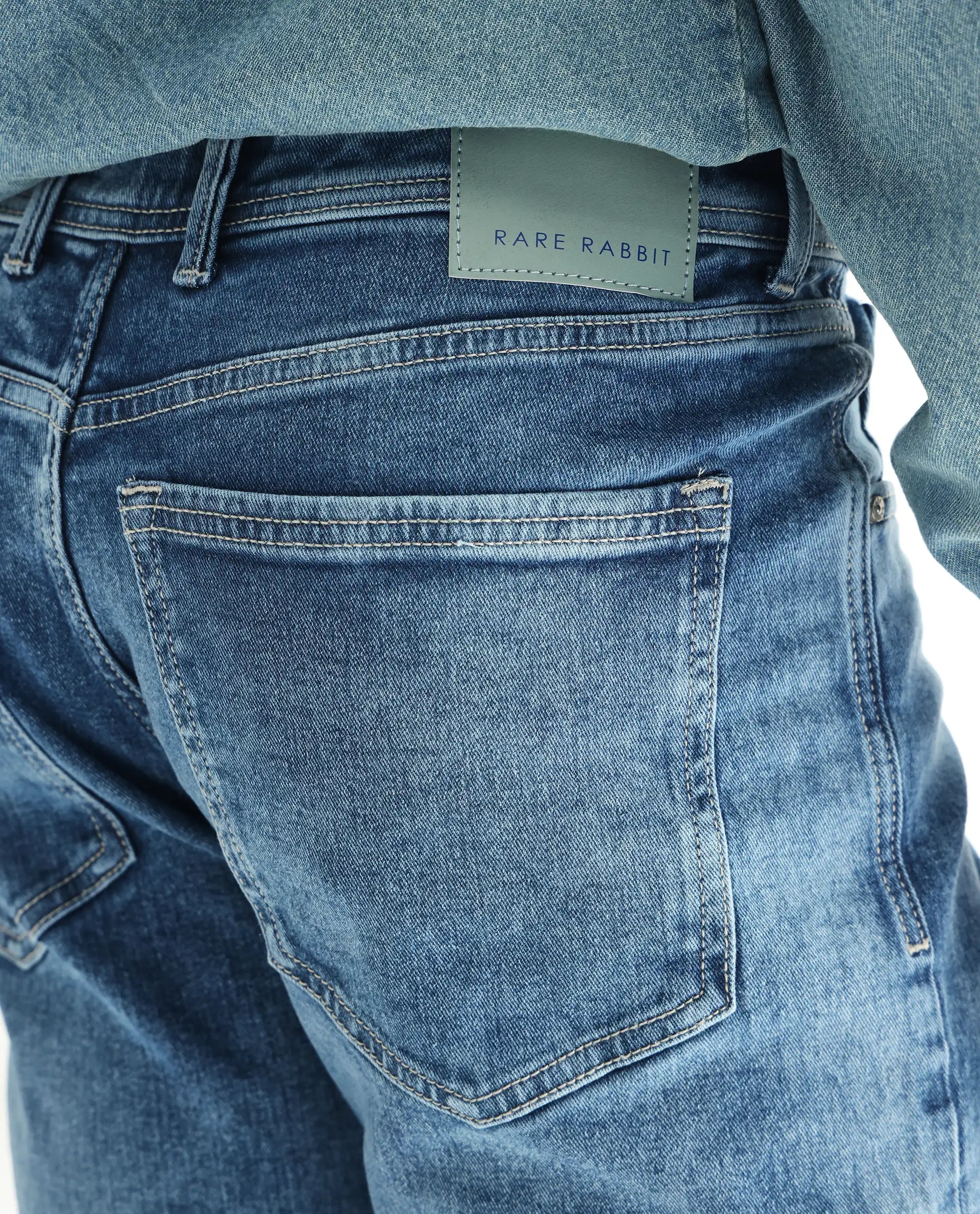 Rare Rabbit Men's Klune-2 Blue Cotton Blend Plain Morris Regular Fit Jeans