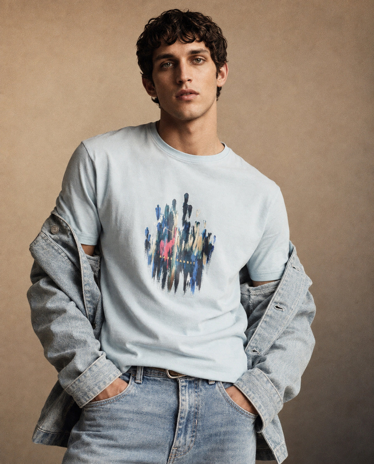 Rare Rabbit Men's Knight Light Blue Cotton Blend Crew Neck Regular Graphic Print T-Shirt