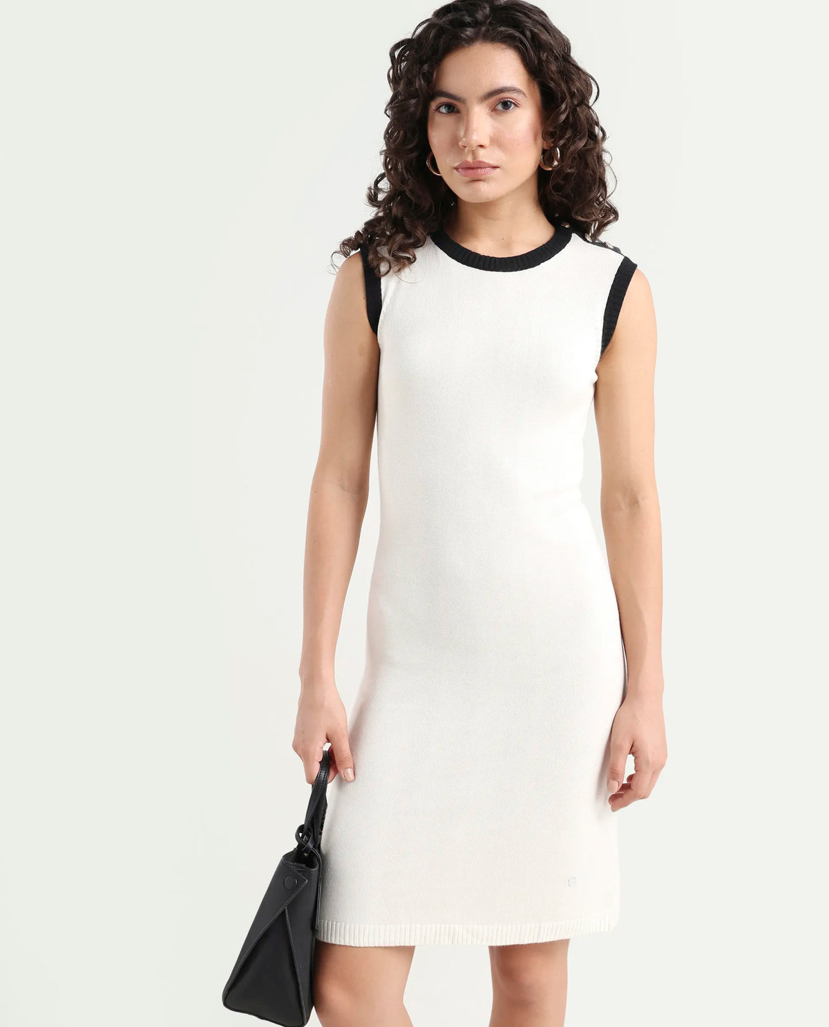 Rareism Women's Knitso Off White Viscose Crew Neck Plain Sleeveless Knee Length Regular Fit Sweater