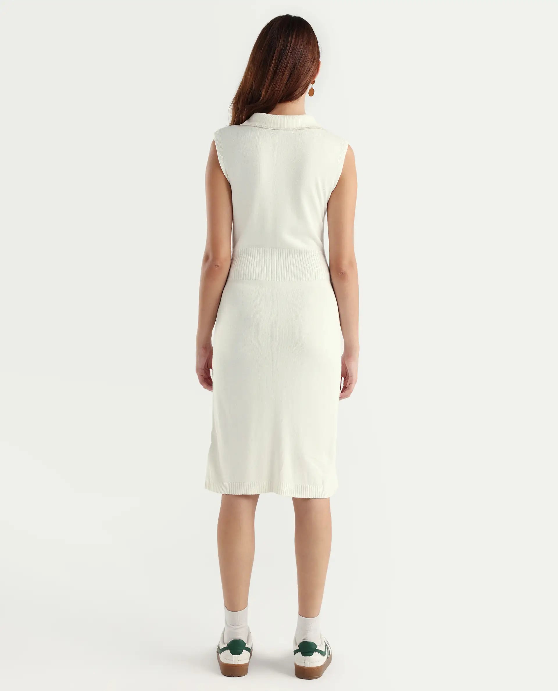 Rareism Women's Knitsy Off White Cotton Spread Collar Plain Sleeveless Knee Length Regular Fit Sweater