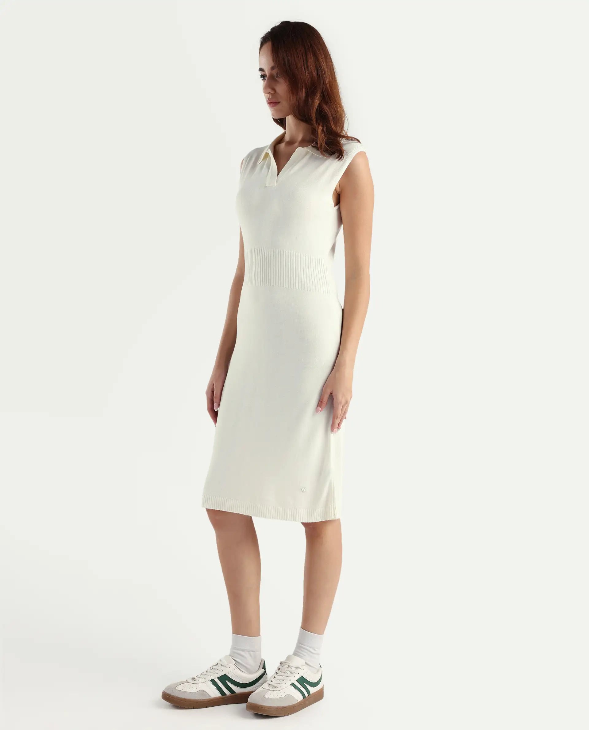 Rareism Women's Knitsy Off White Cotton Spread Collar Plain Sleeveless Knee Length Regular Fit Sweater