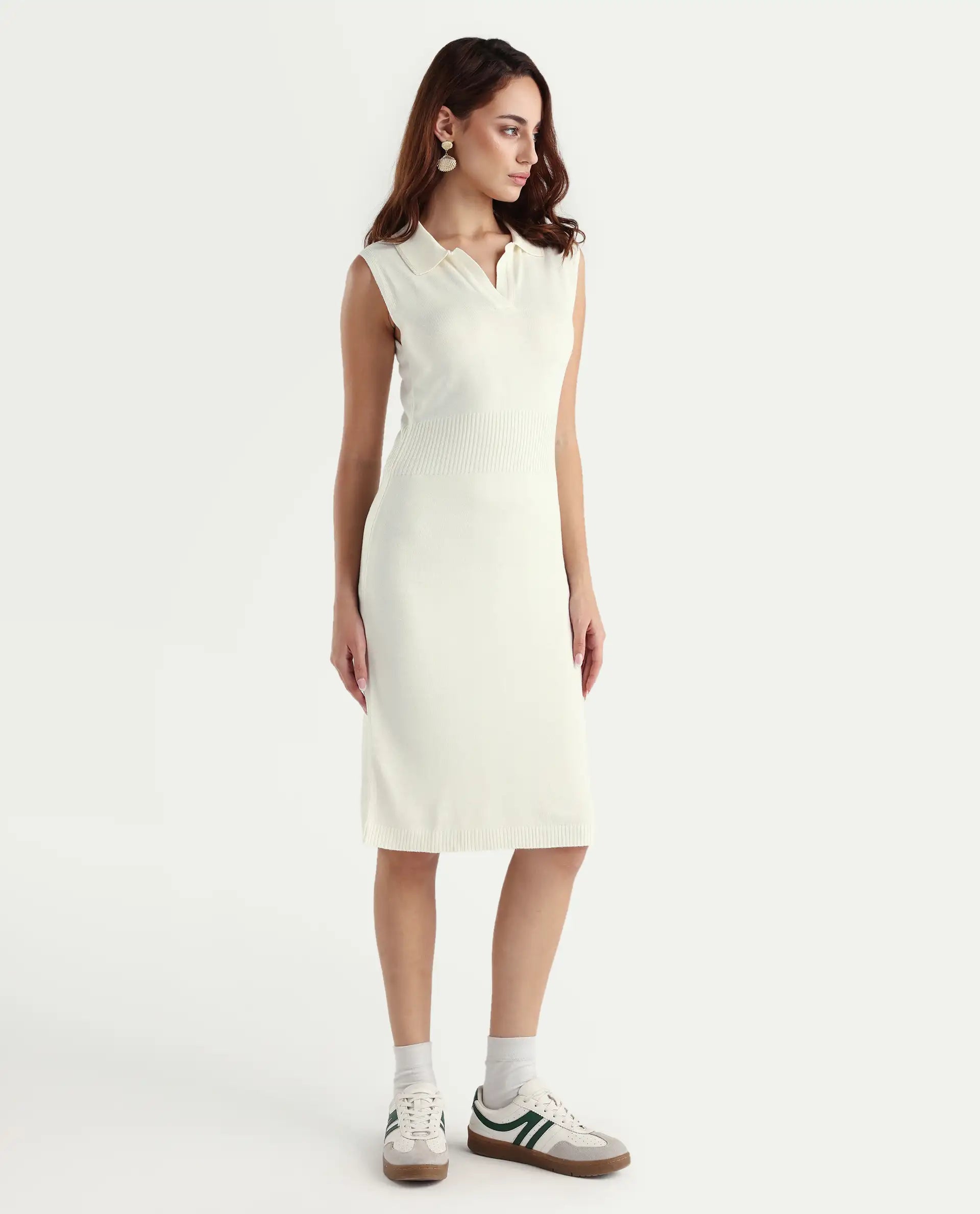 Rareism Women's Knitsy Off White Cotton Spread Collar Plain Sleeveless Knee Length Regular Fit Sweater