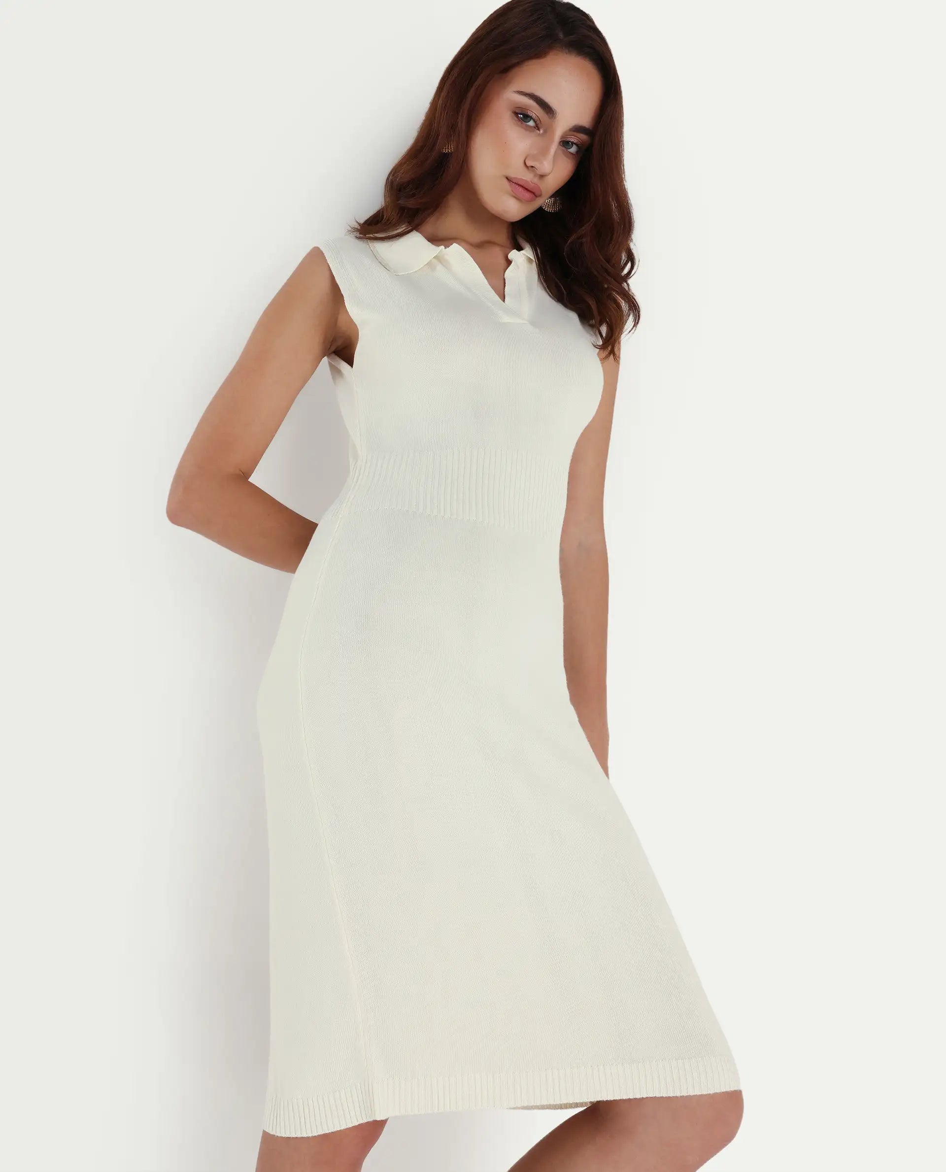 Rareism Women's Knitsy Off White Cotton Spread Collar Plain Sleeveless Knee Length Regular Fit Sweater