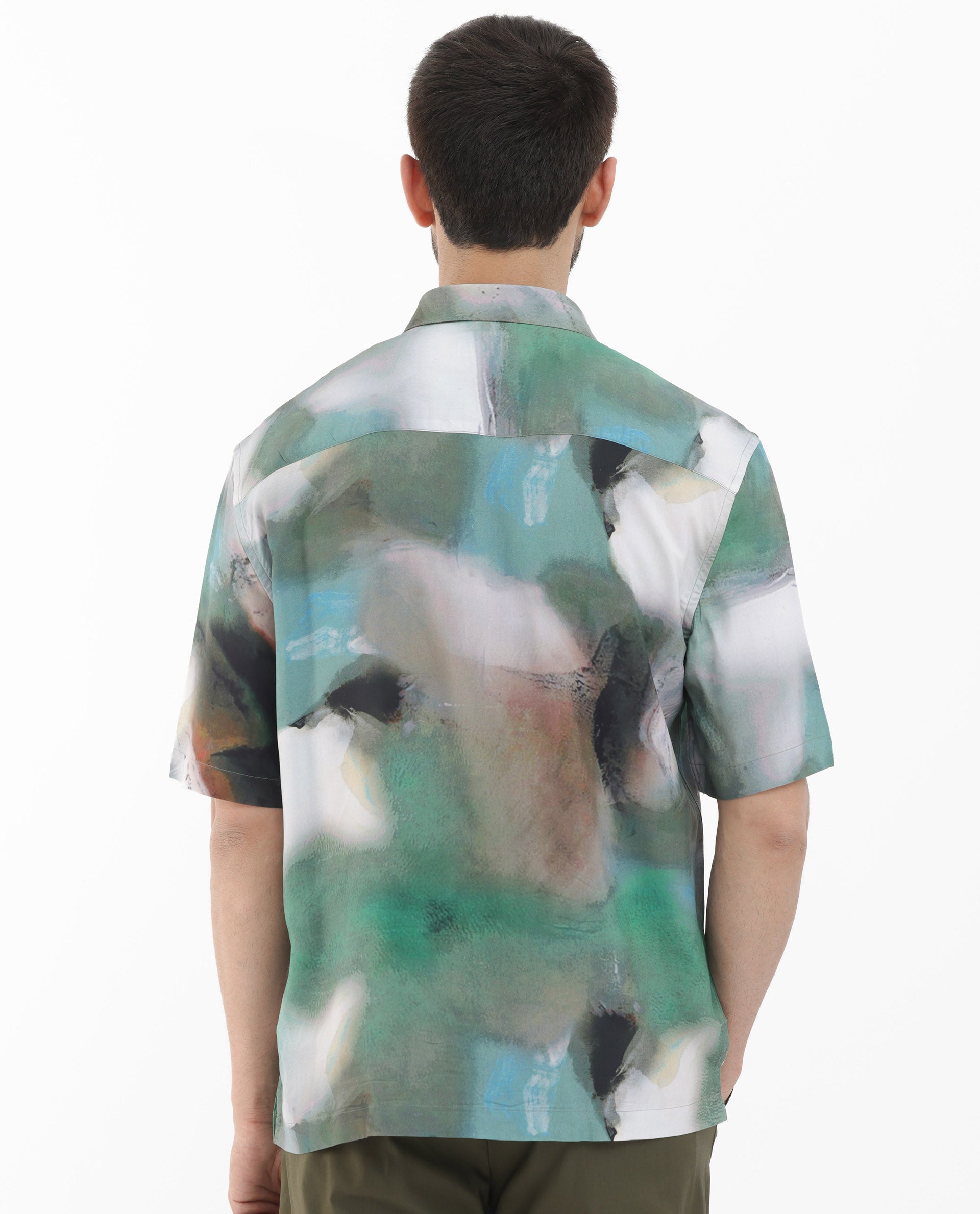 Rare Rabbit Mens Knox Dusky Green Short Sleeve Abstract Print Boxy Fit Shirt