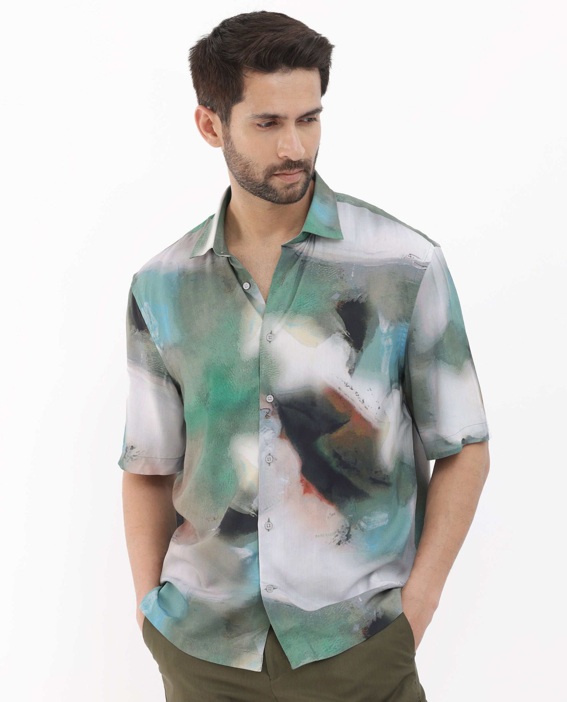Rare Rabbit Mens Knox Dusky Green Short Sleeve Abstract Print Boxy Fit Shirt