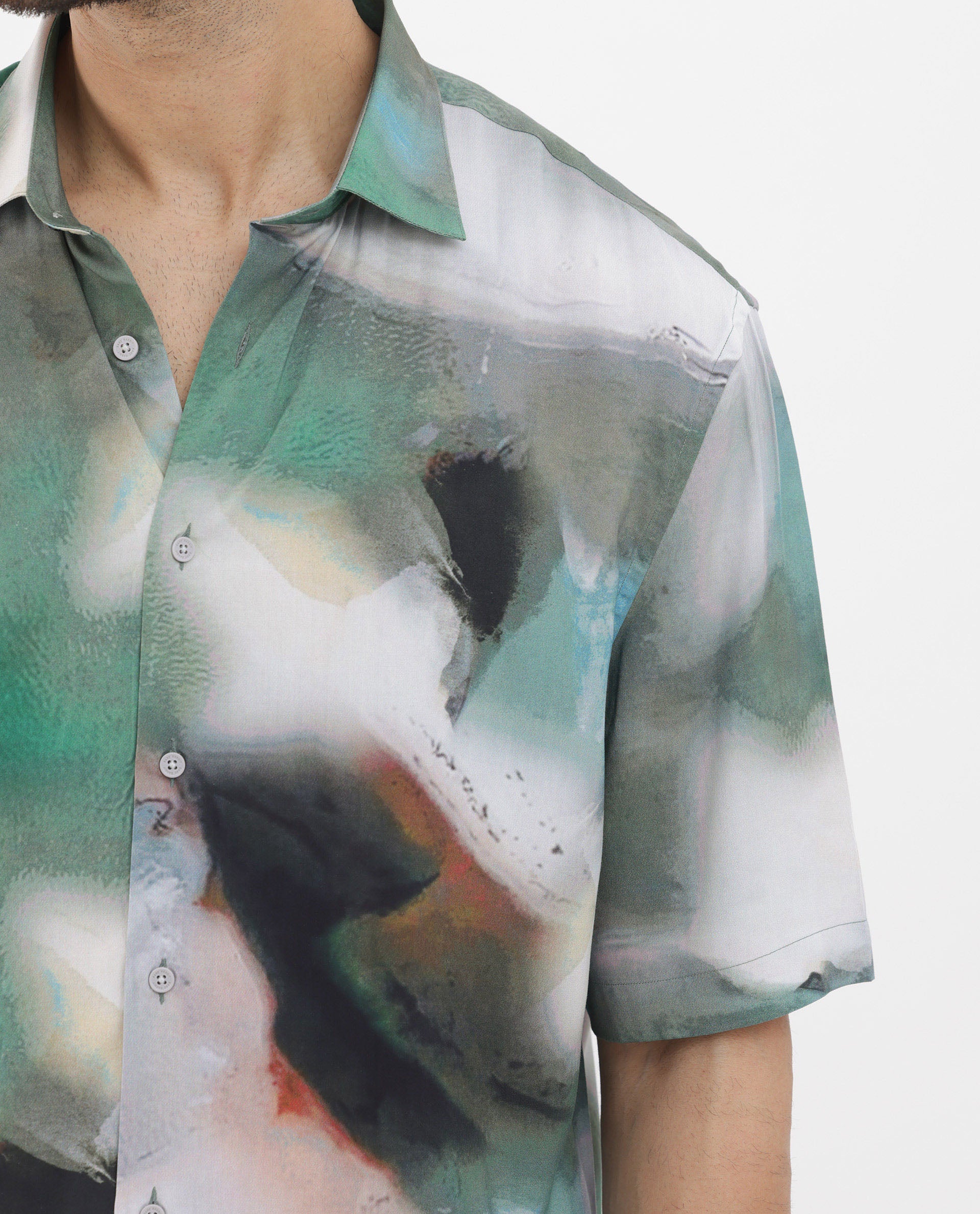 Rare Rabbit Mens Knox Dusky Green Short Sleeve Abstract Print Boxy Fit Shirt