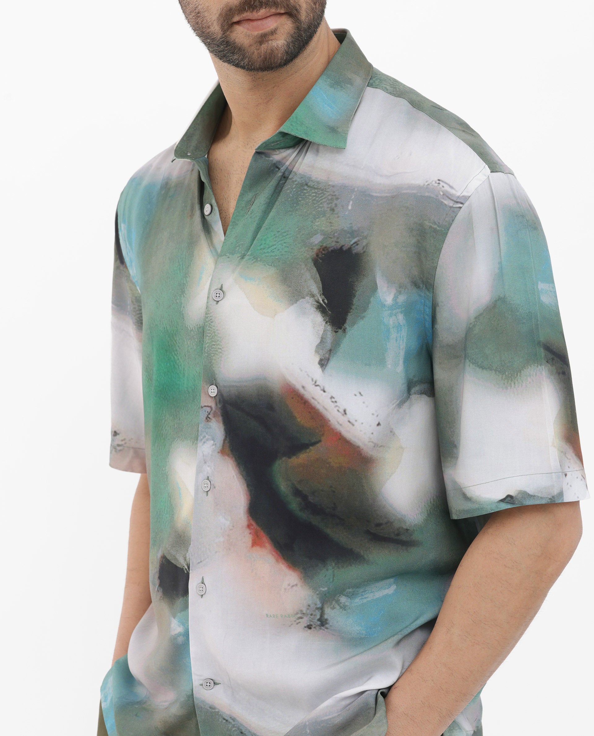 Rare Rabbit Mens Knox Dusky Green Short Sleeve Abstract Print Boxy Fit Shirt