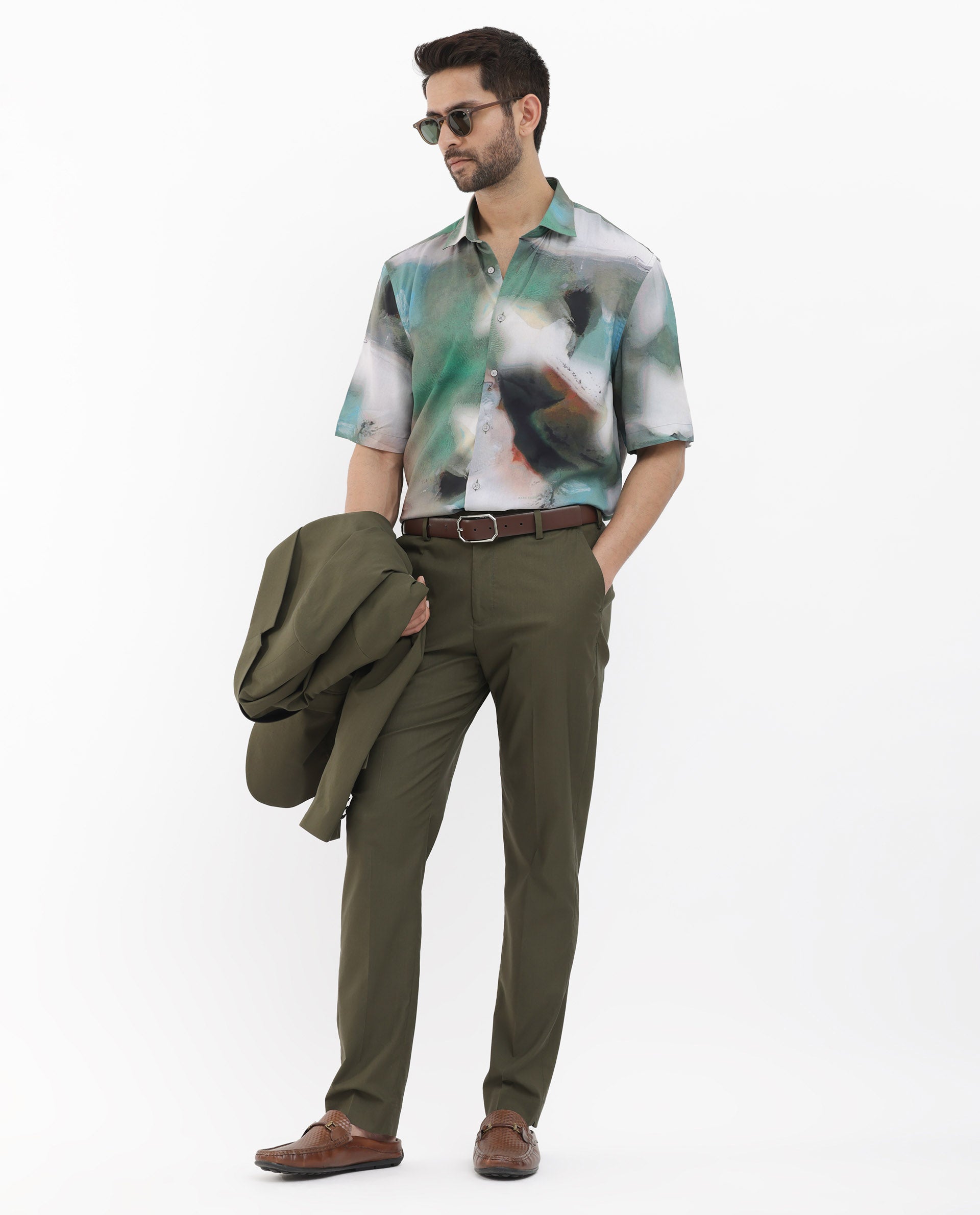 Rare Rabbit Mens Knox Dusky Green Short Sleeve Abstract Print Boxy Fit Shirt